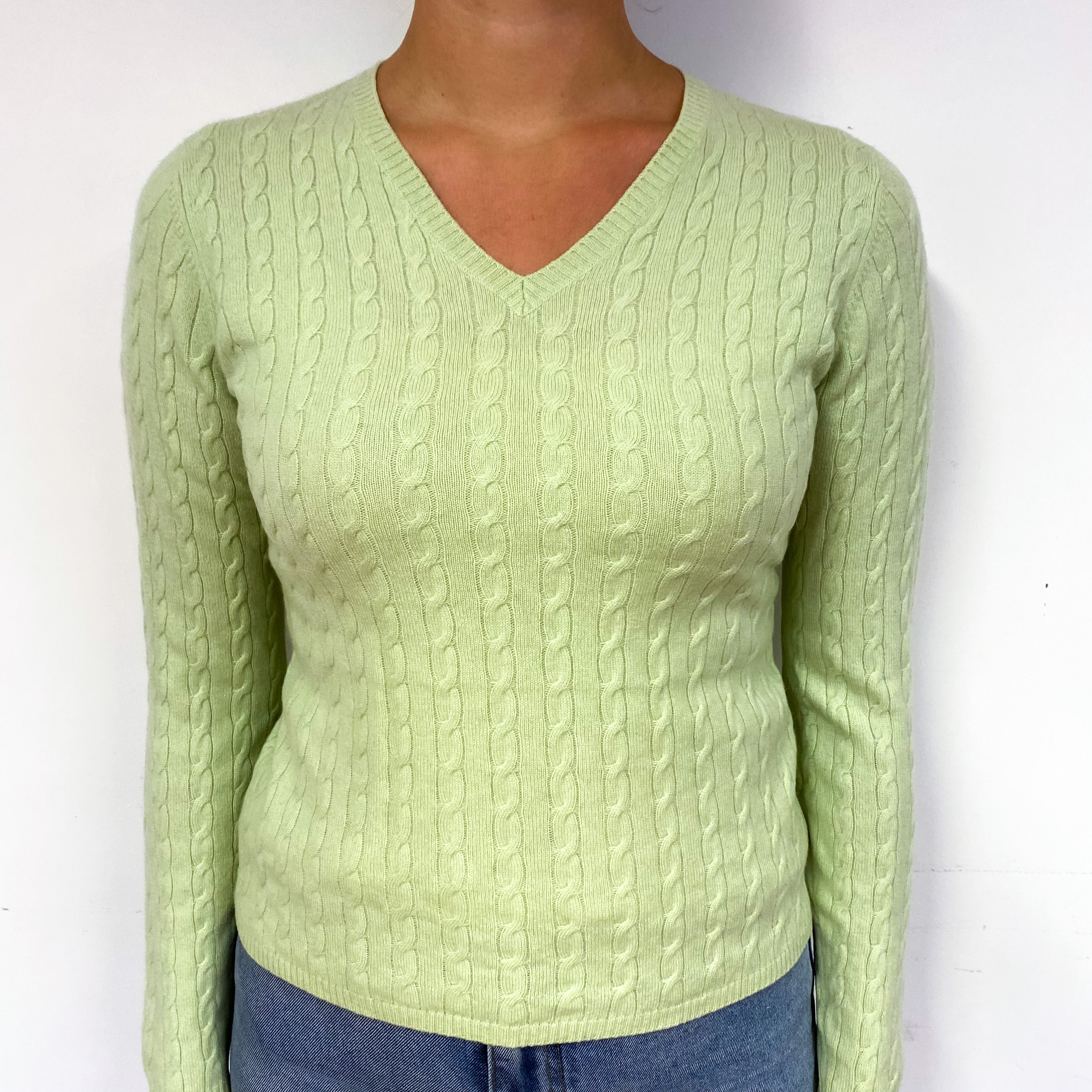 Celery Green Cashmere V-Neck Jumper Small