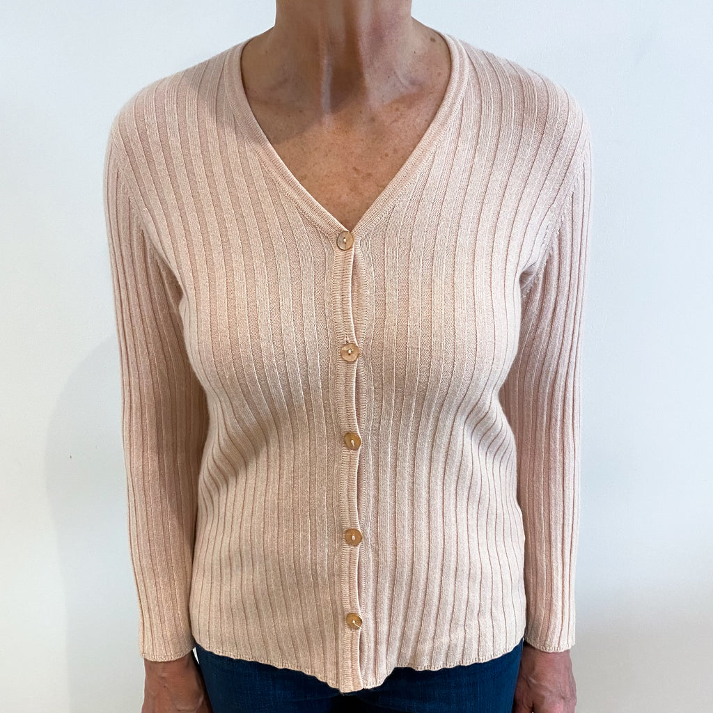 Marl Shell Pink Ribbed Cashmere V Neck Cardigan Medium