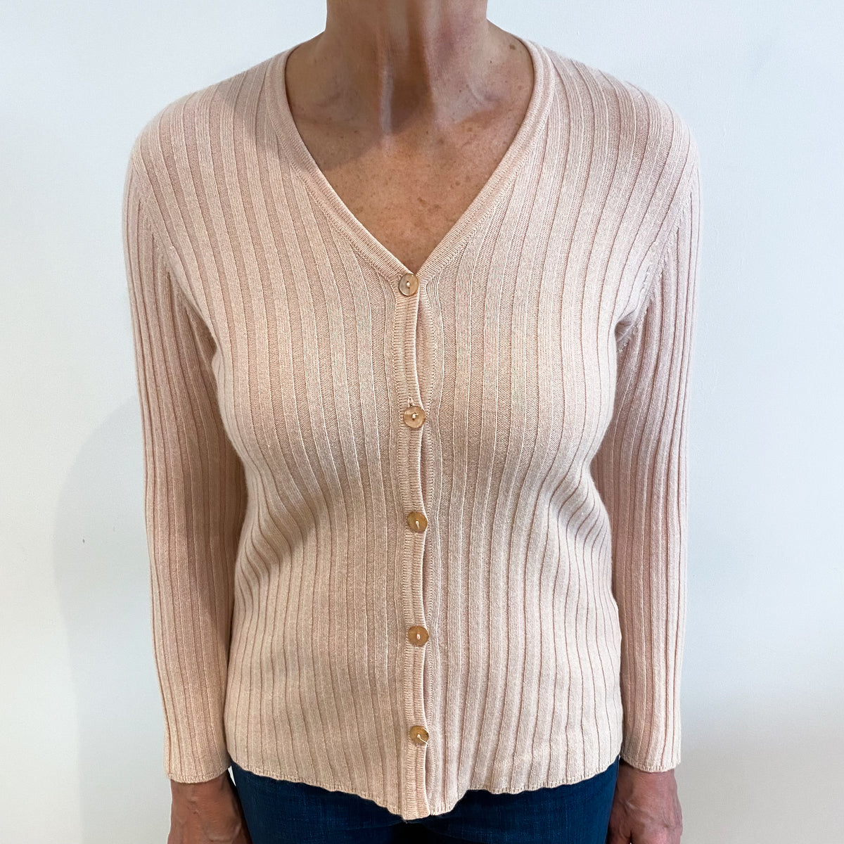 Marl Shell Pink Ribbed Cashmere V Neck Cardigan Medium