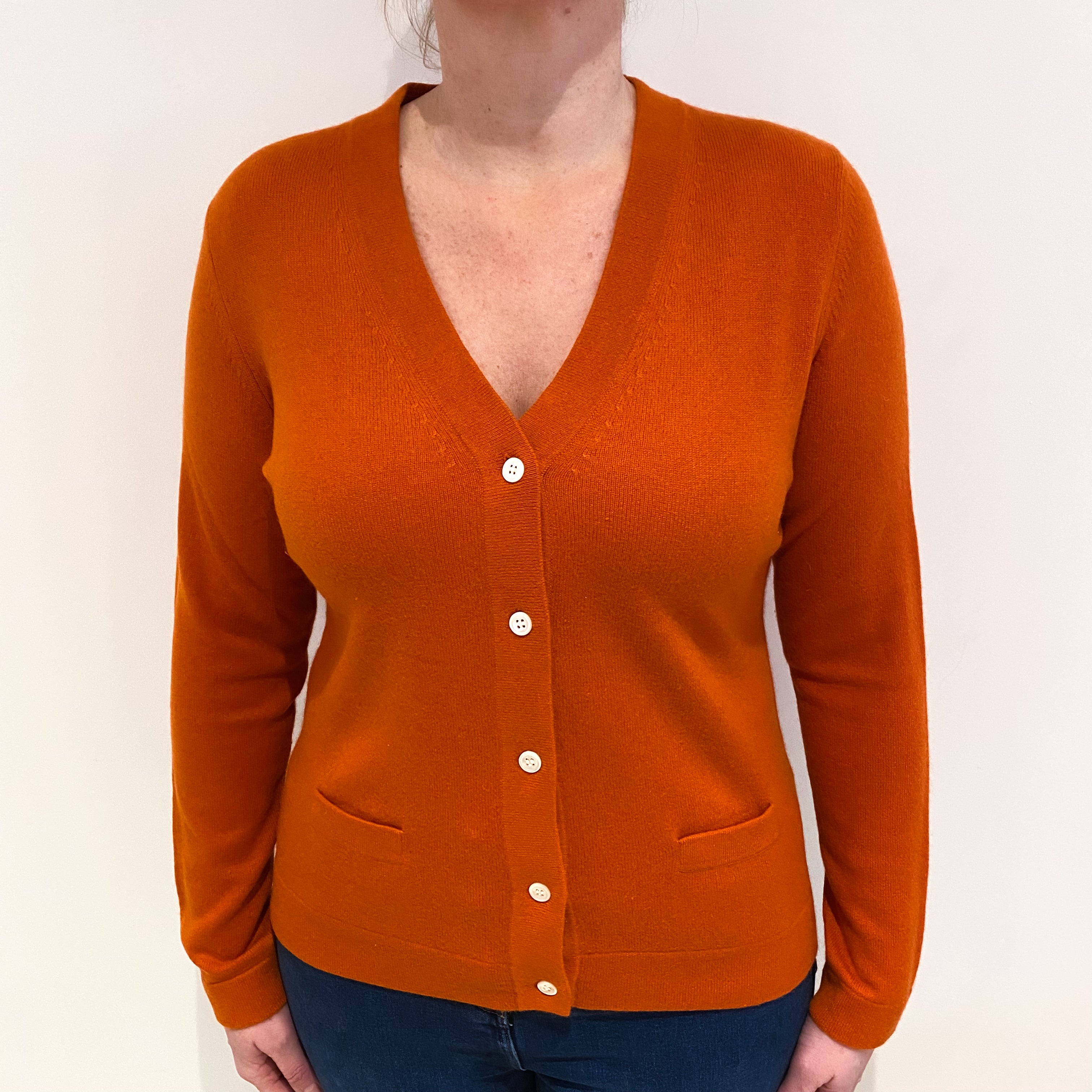 Burnt Orange Cashmere V Neck Cardigan with Pockets Large