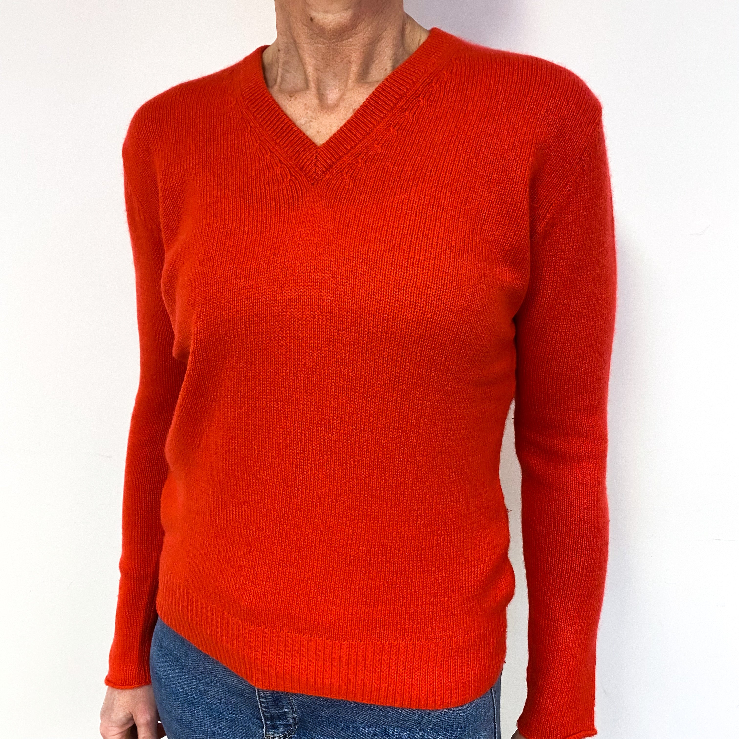 Vermillion Red Cashmere V-Neck Jumper Medium