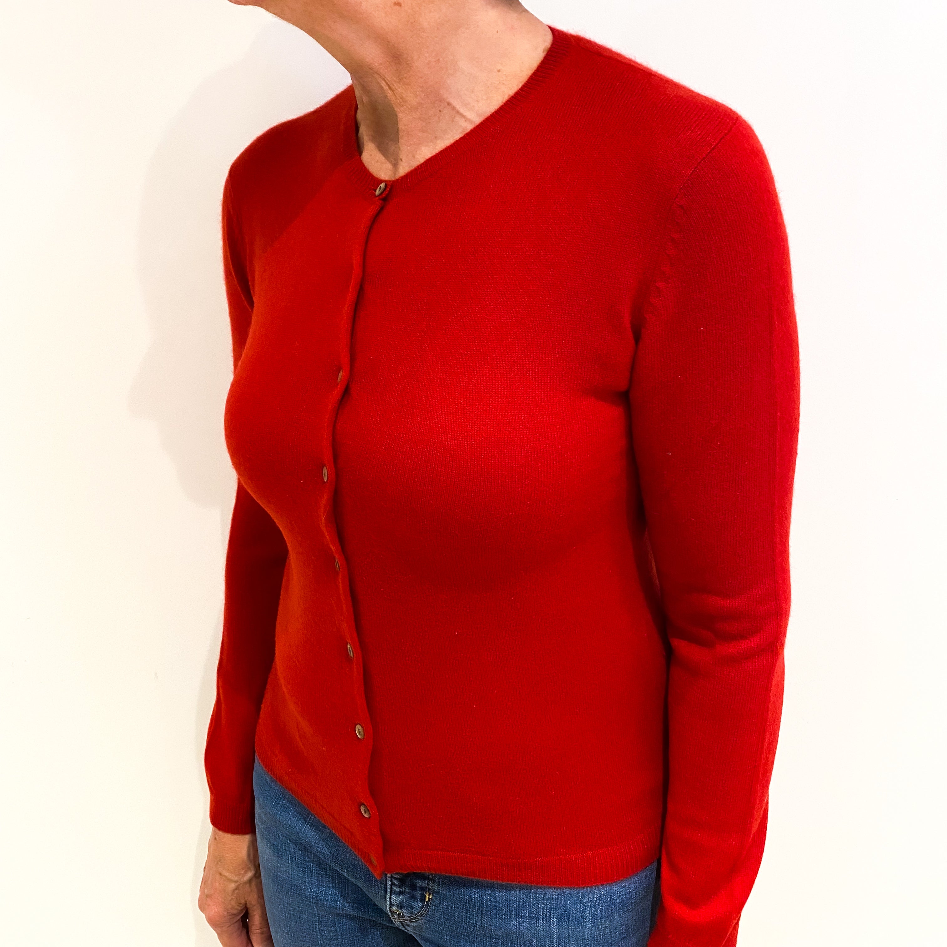 Post Box Red Cashmere Crew Neck Cardigan Medium