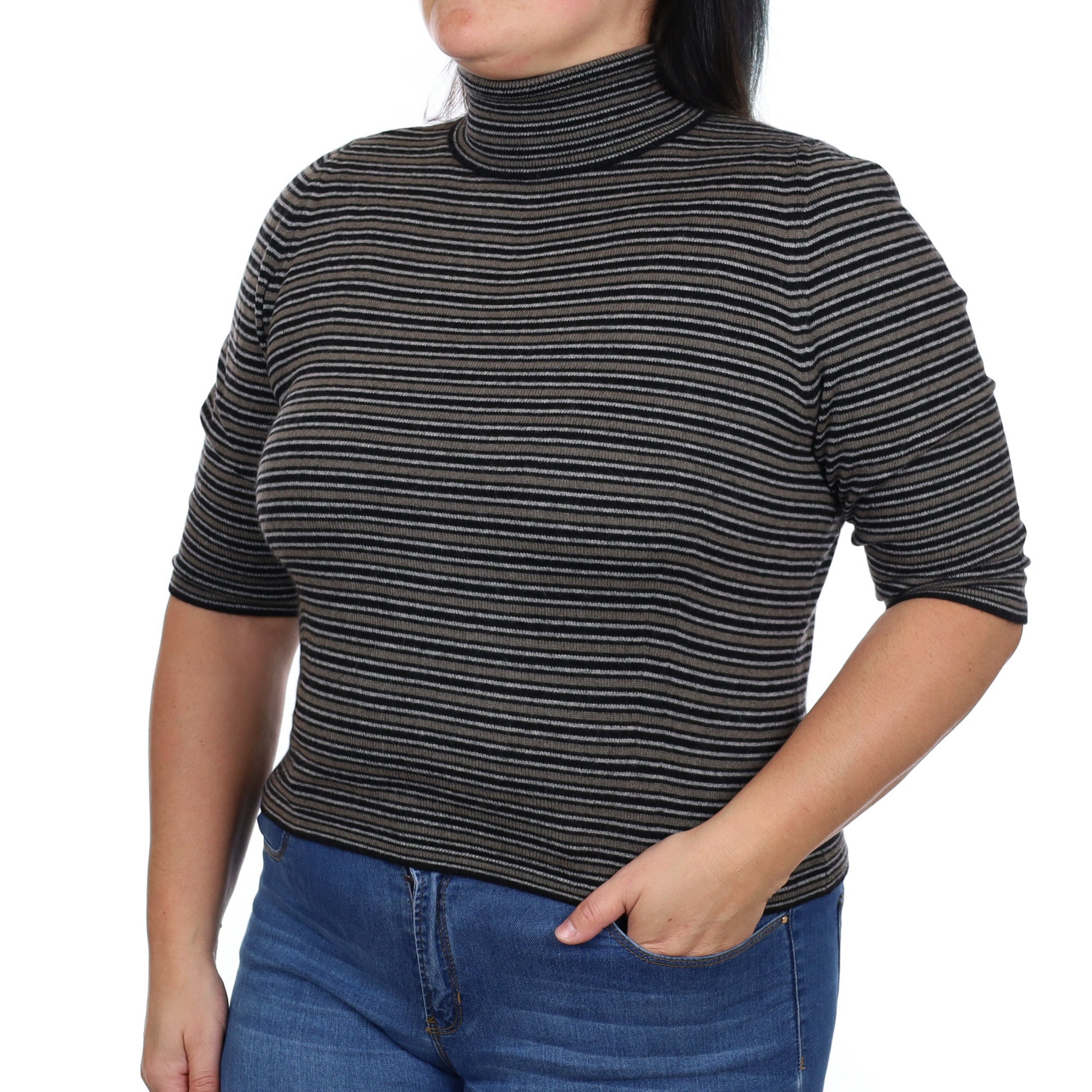 Black and Mocha Striped Cashmere Polo Neck Short Sleeved Jumper Large