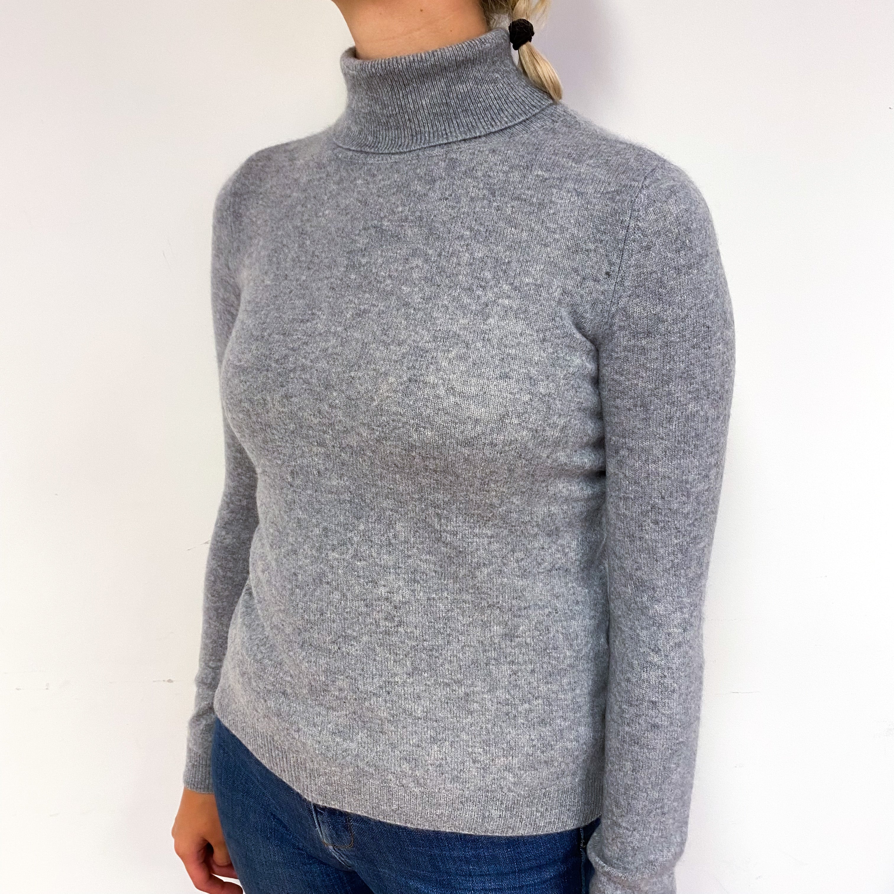 Ash Grey Cashmere Polo Neck Jumper Small