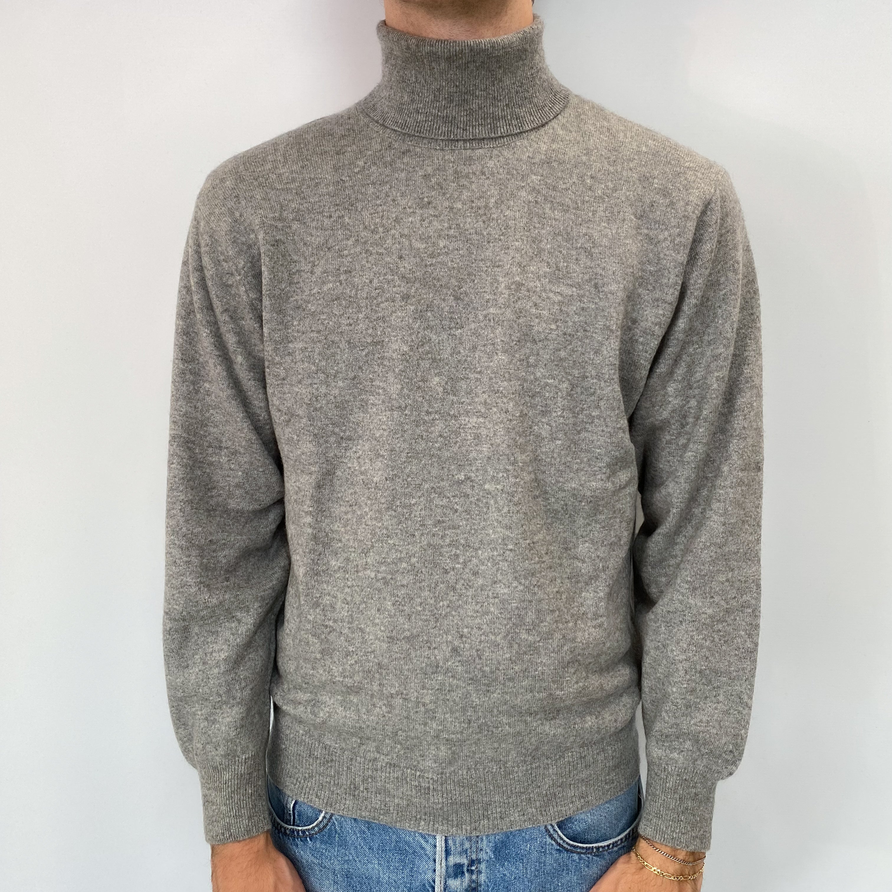 Men's Ash Grey Cashmere Polo Neck Jumper Medium