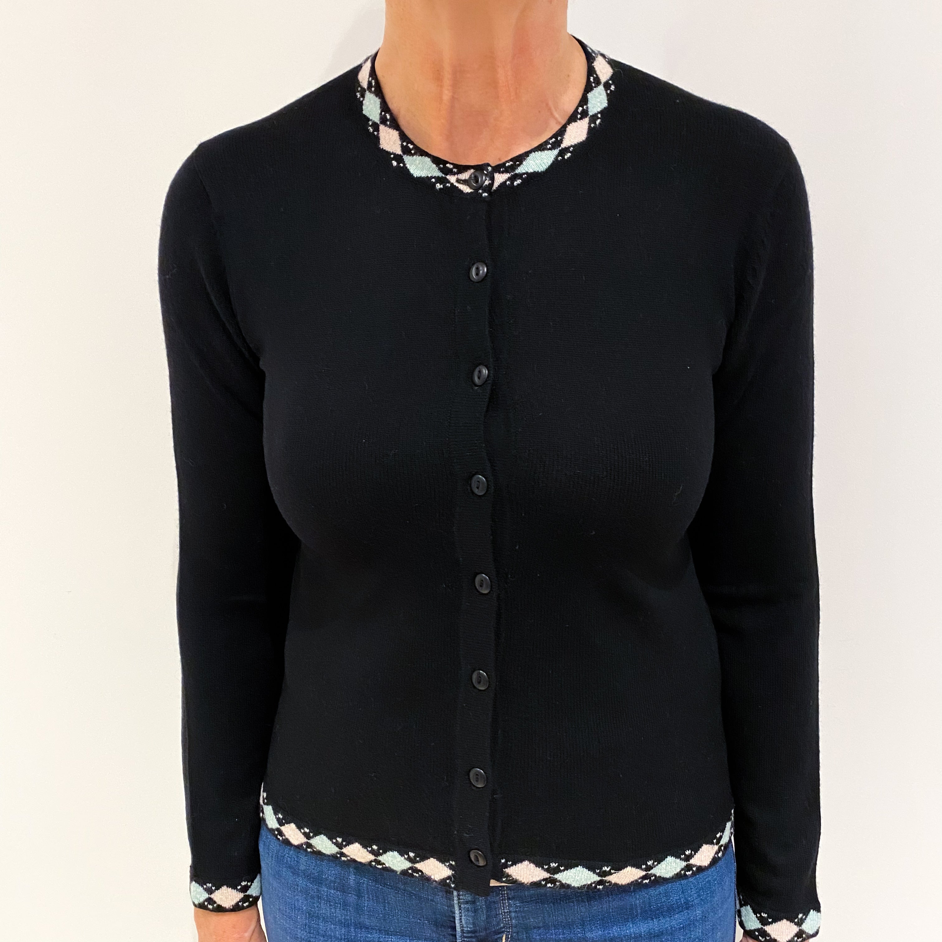 Black Diamond Trim Cashmere Crew Neck Cardigan Medium