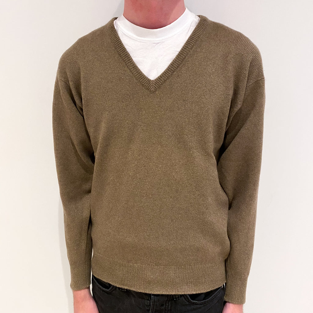 Men's Vintage Scottish Mocha Brown Cashmere V-Neck Jumper Small