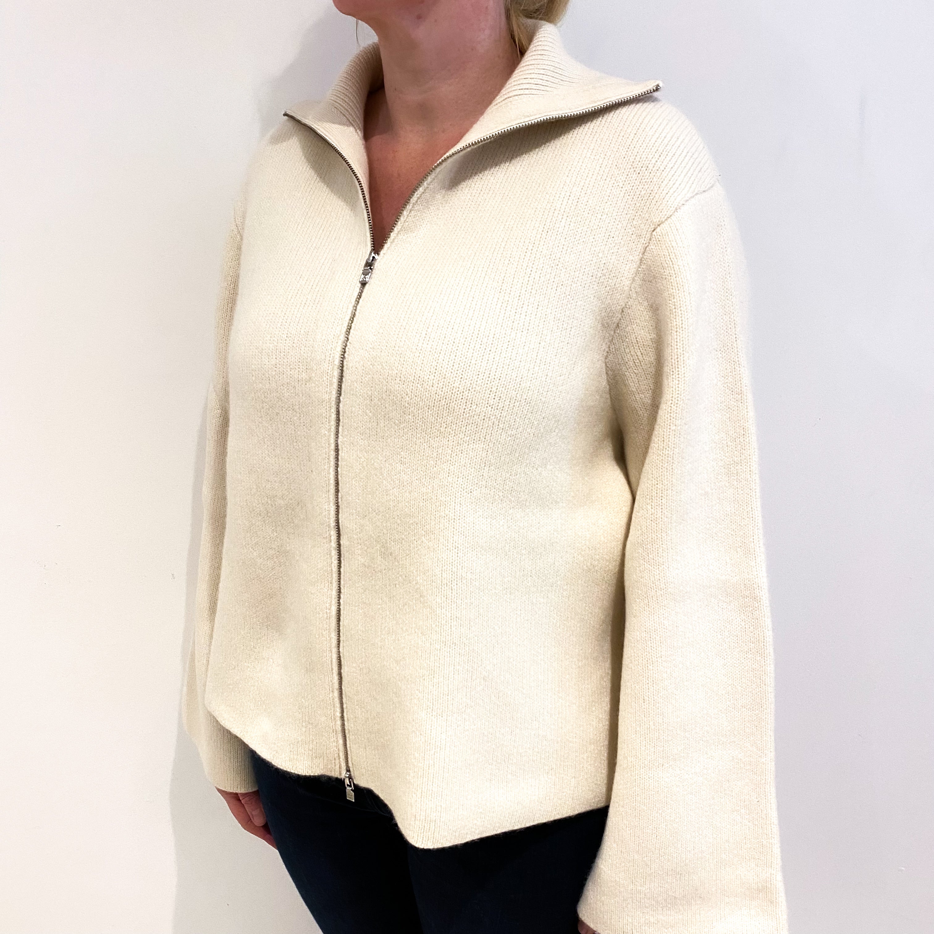Toteme Cream Cashmere Zip Up Collared Cardigan Large