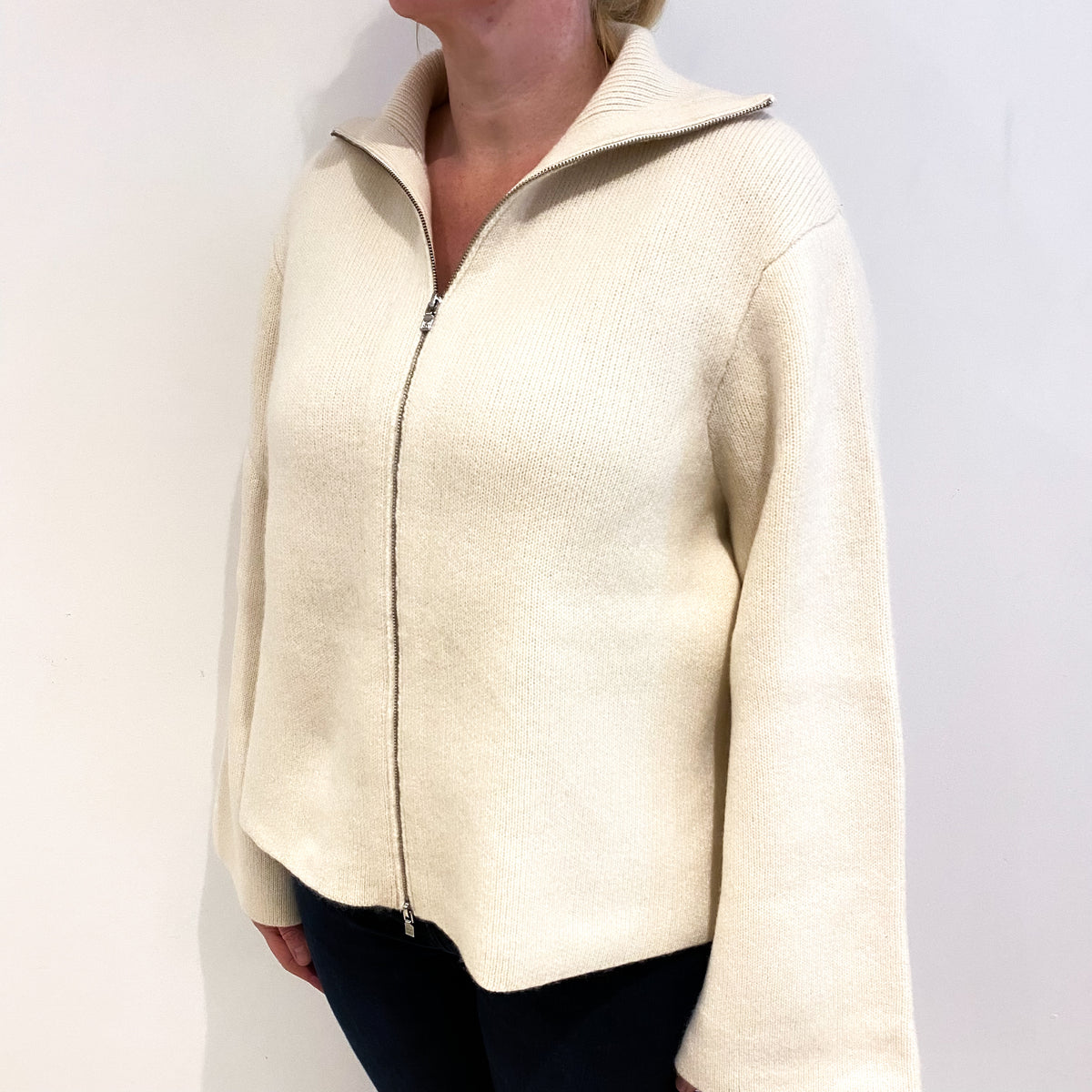 Toteme Cream Cashmere Zip Up Collared Cardigan Large