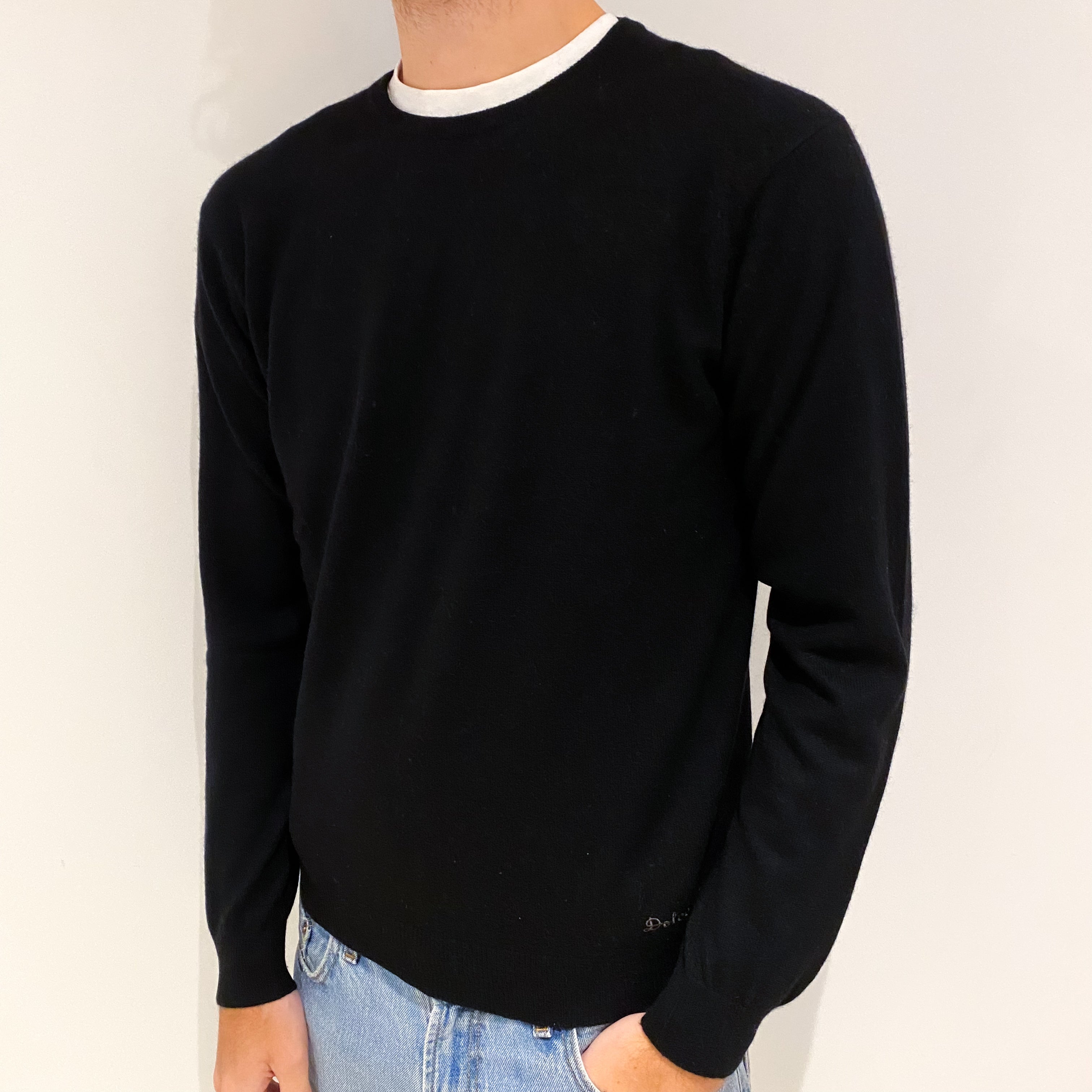 Men's Black Cashmere Crew Neck Jumper Large
