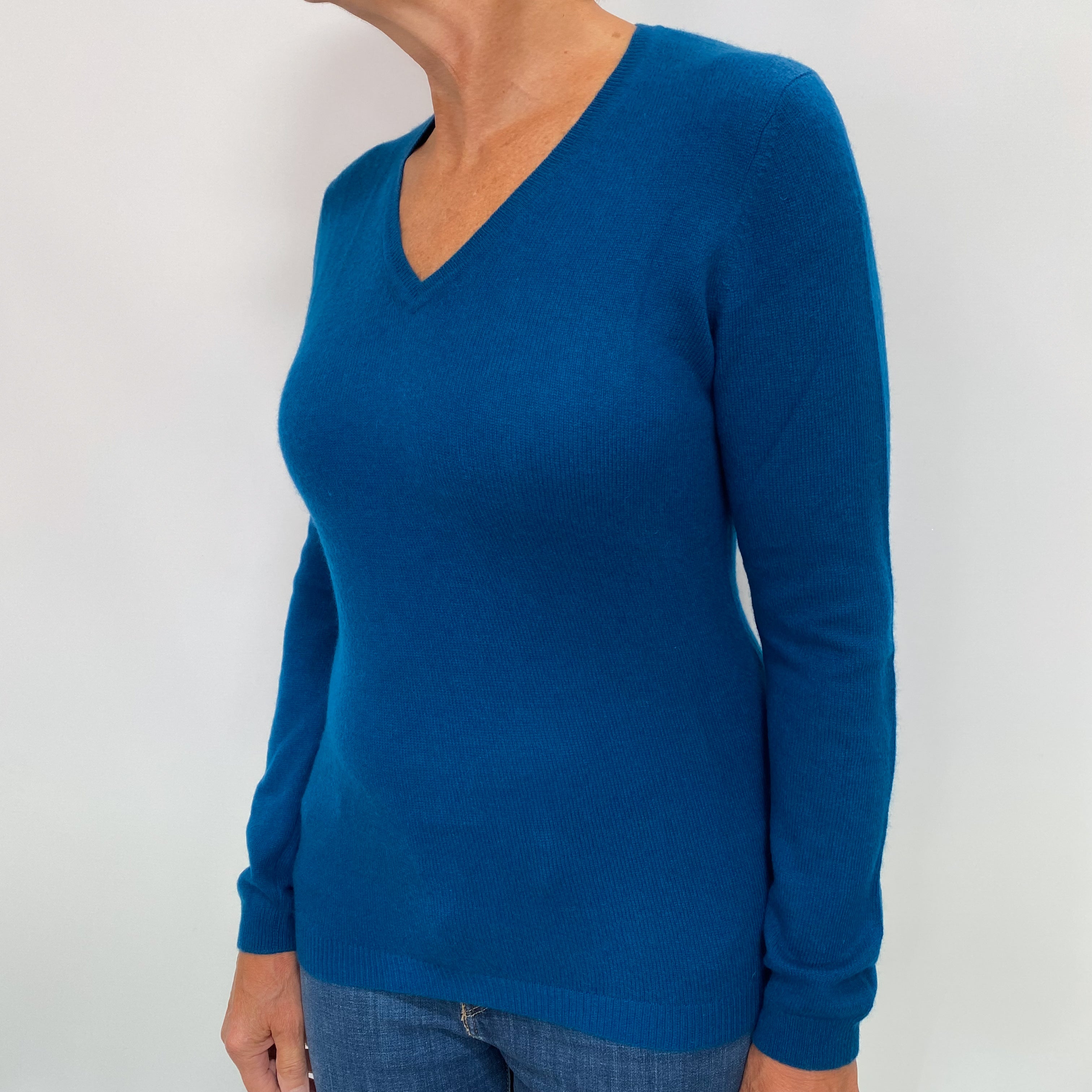 Deep Ocean Blue Cashmere V Neck Jumper Medium