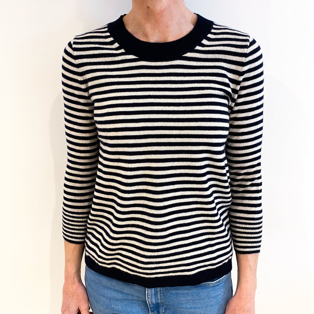 Navy And Cream Striped Cashmere Crew Neck Jumper Small