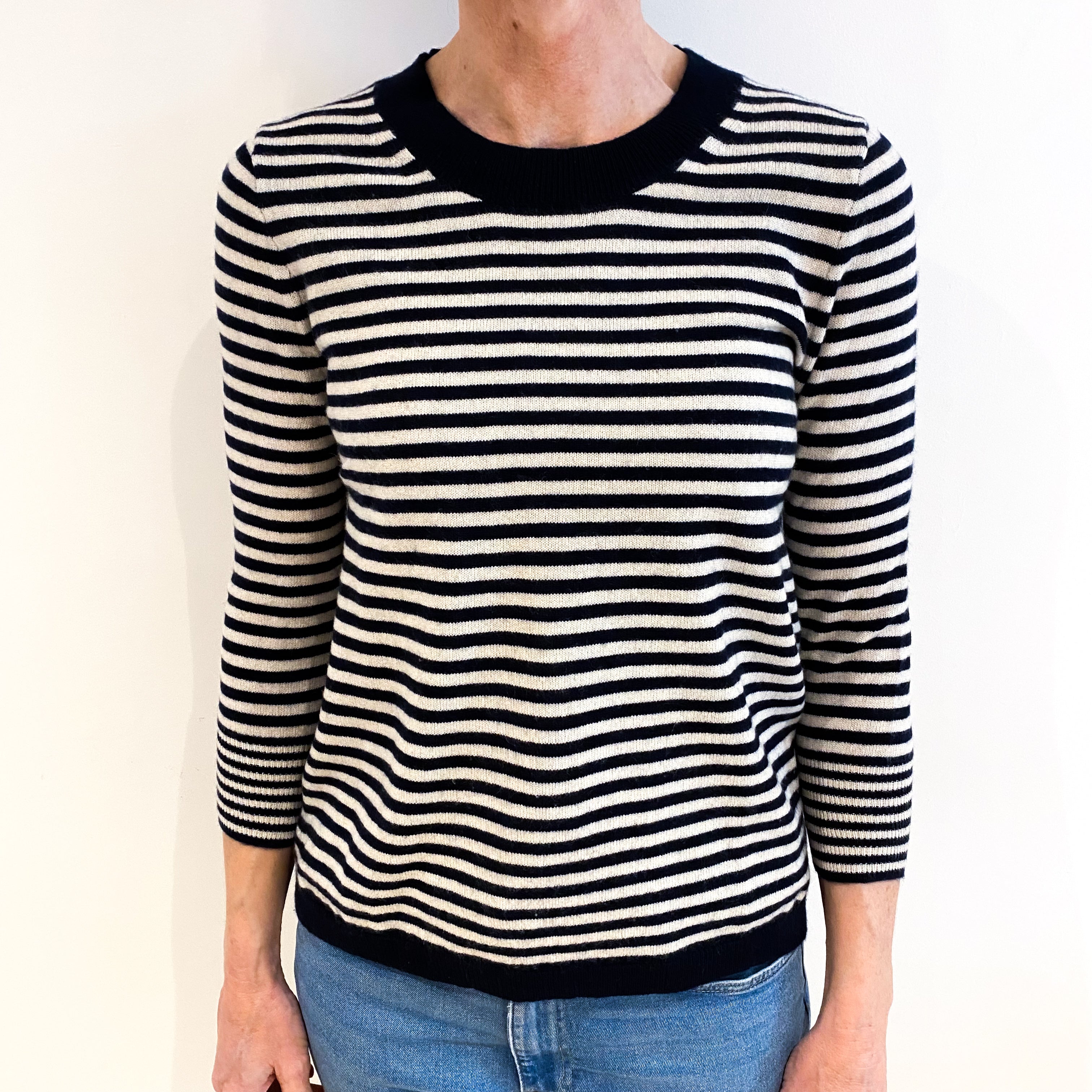 Navy And Cream Striped Cashmere Crew Neck Jumper Small