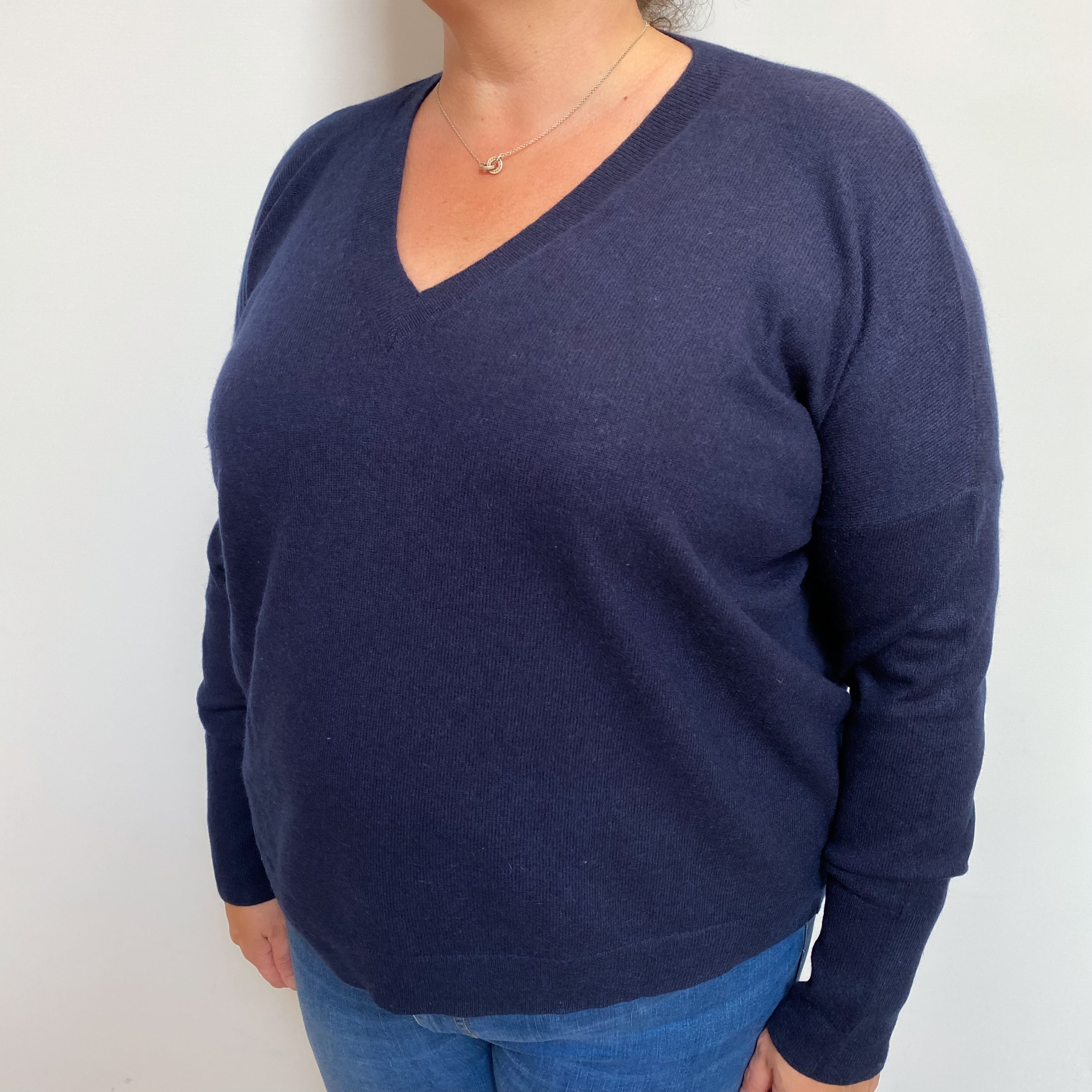 Navy Blue Cashmere V Neck Jumper Extra Large