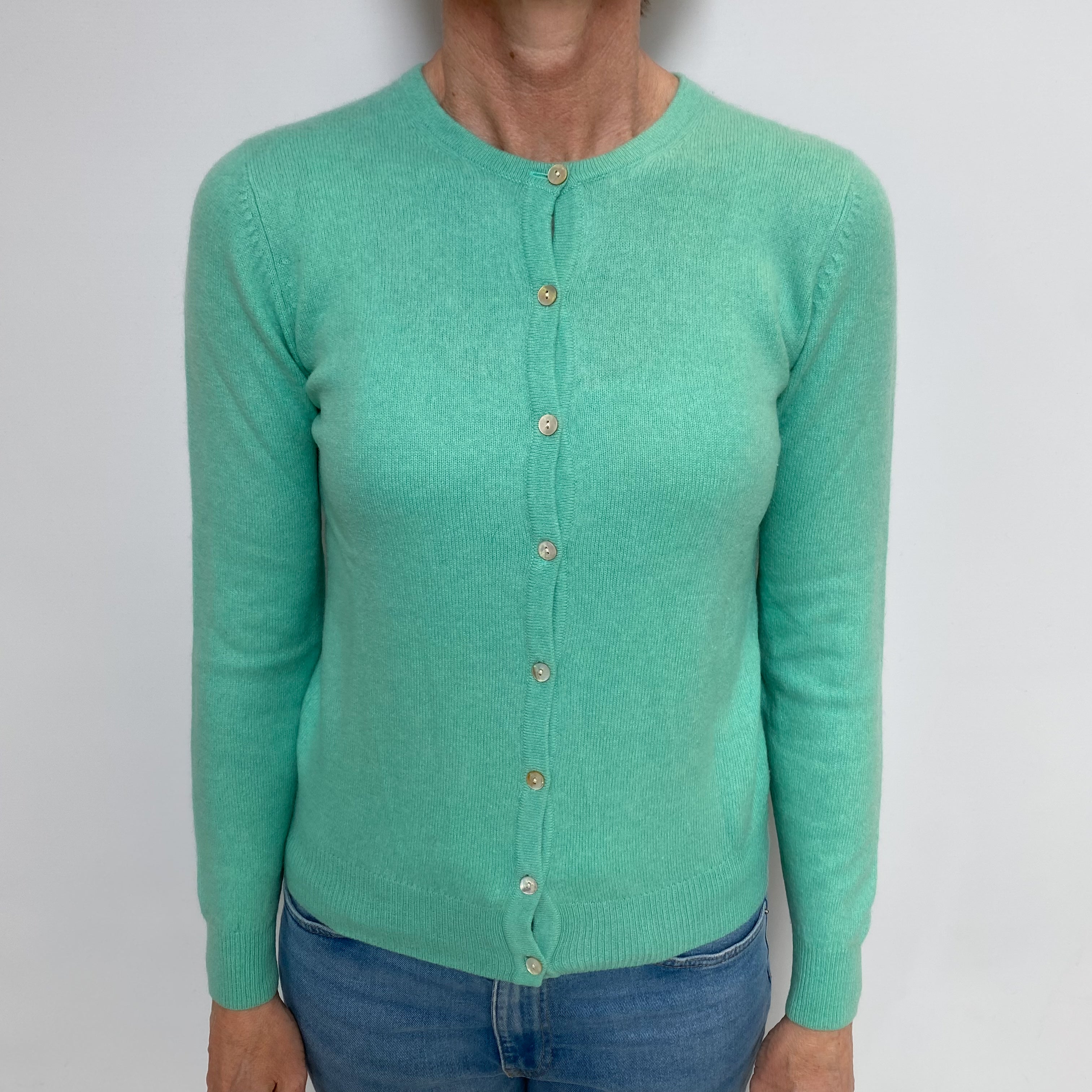 Sea Foam Green Cashmere Crew Neck Cardigan Small
