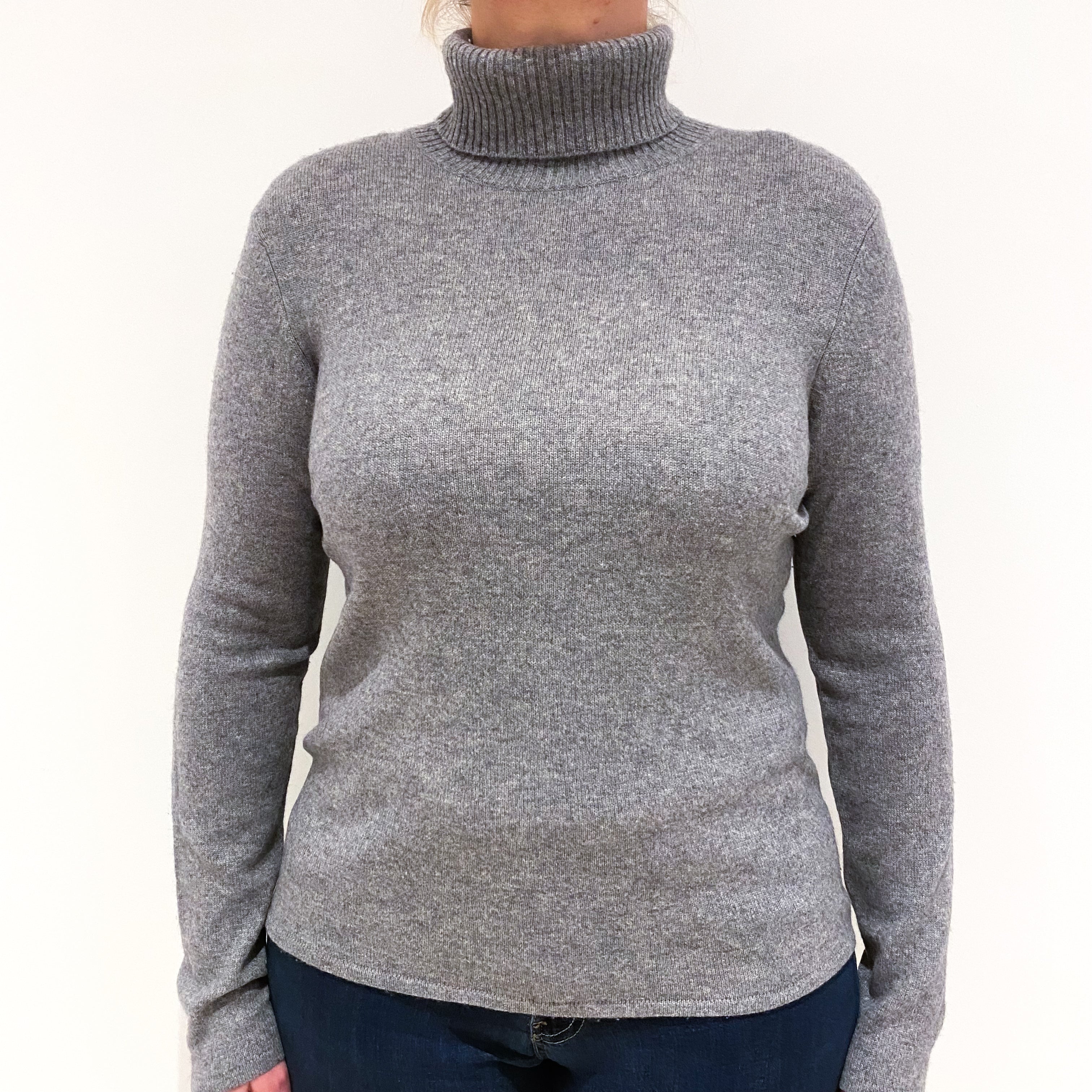 Ash Grey Light Weight  Cashmere Polo Neck Jumper Large