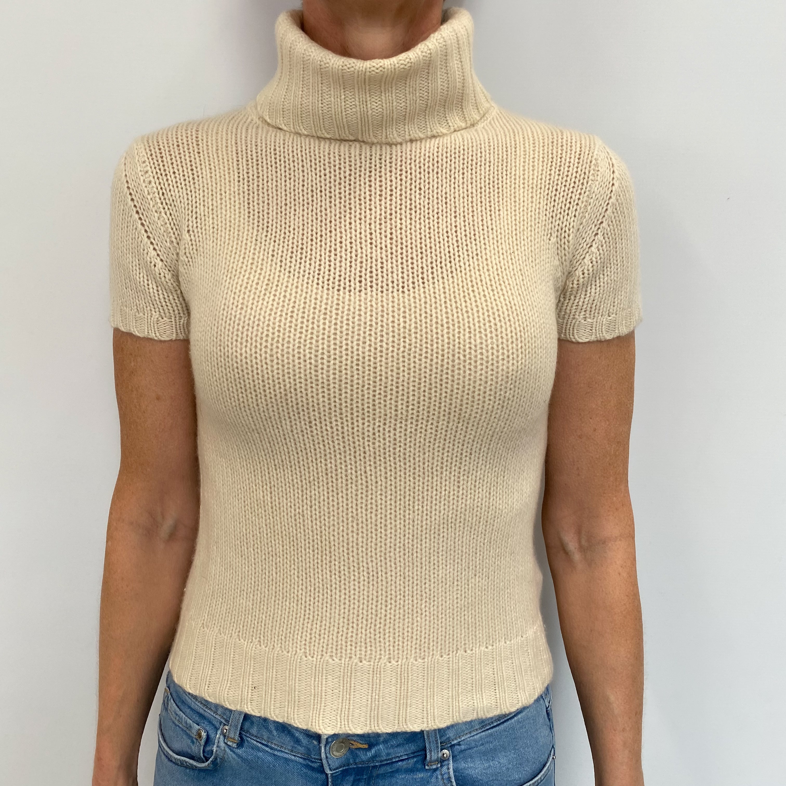 Ivory Cashmere Short Sleeved Polo Neck Jumper Small
