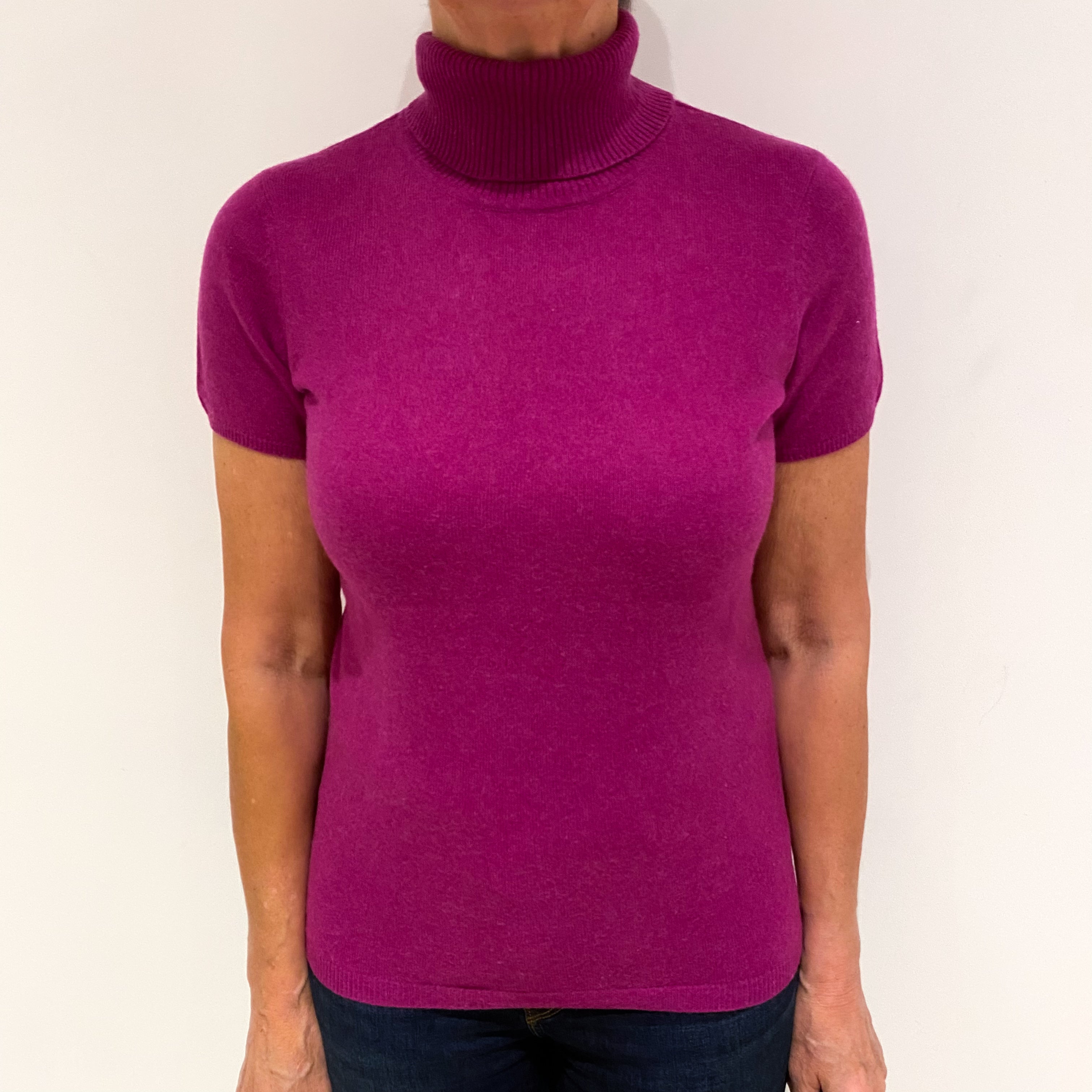 Magenta Pink Cashmere Short Sleeve Polo Neck Jumper Medium