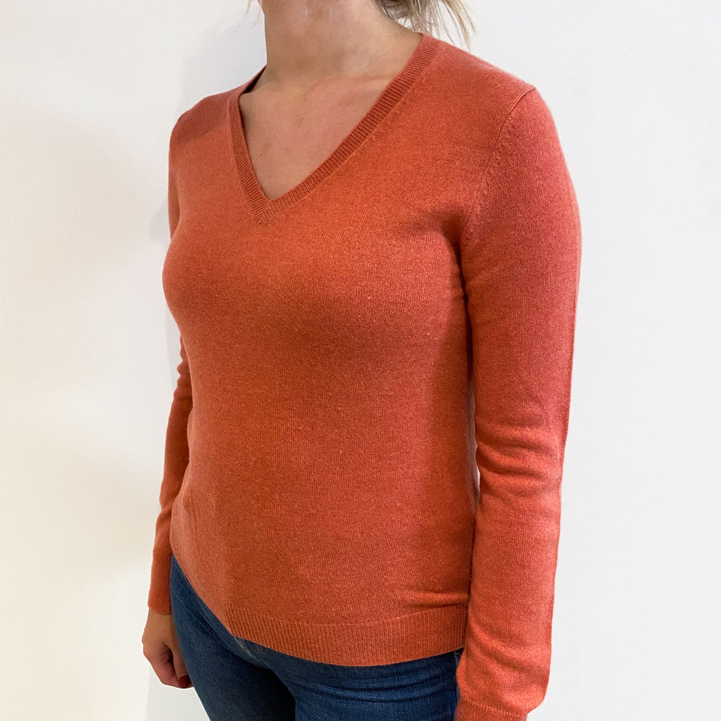 Deep Salmon Pink Cashmere V Neck Jumper Small