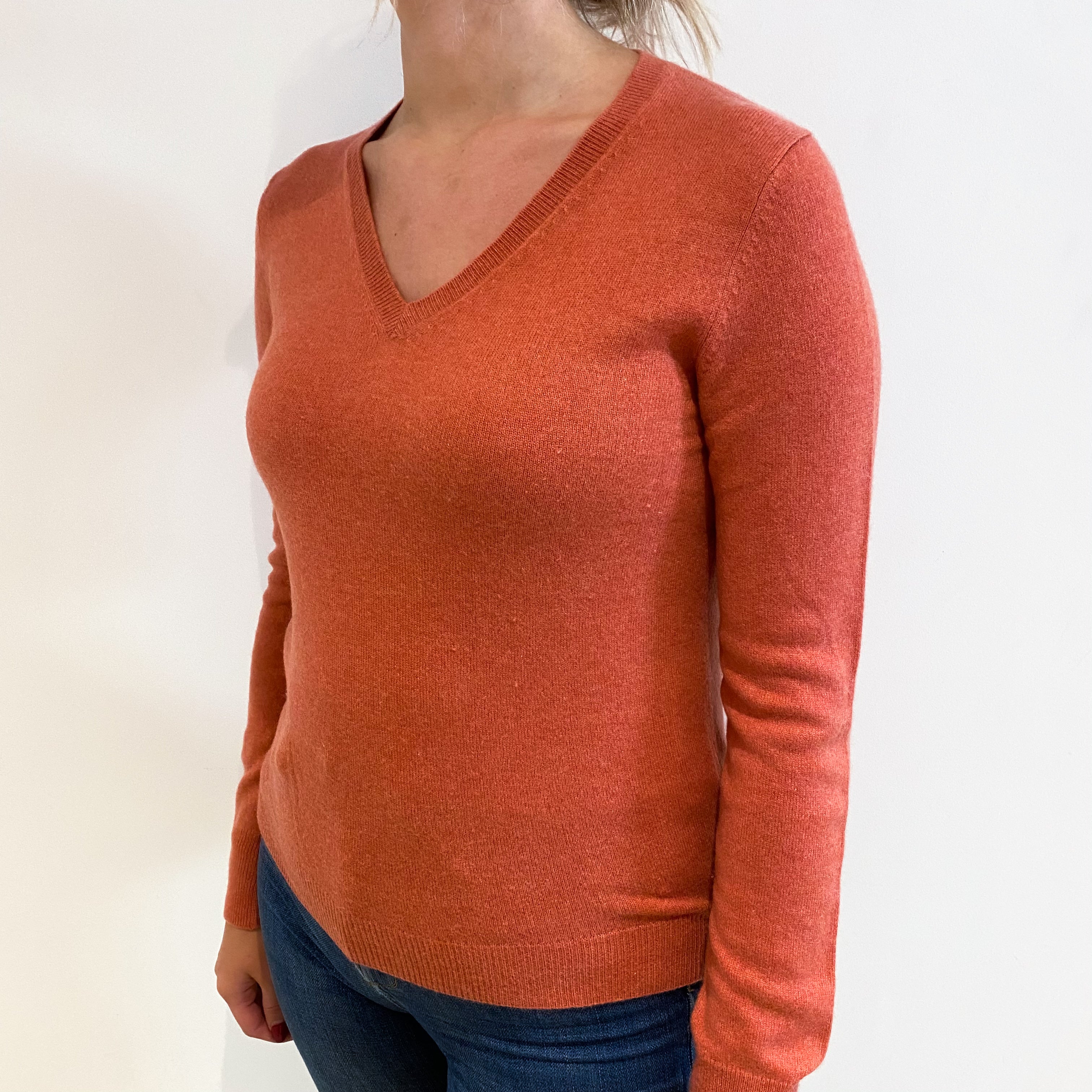 Deep Salmon Pink Cashmere V Neck Jumper Small