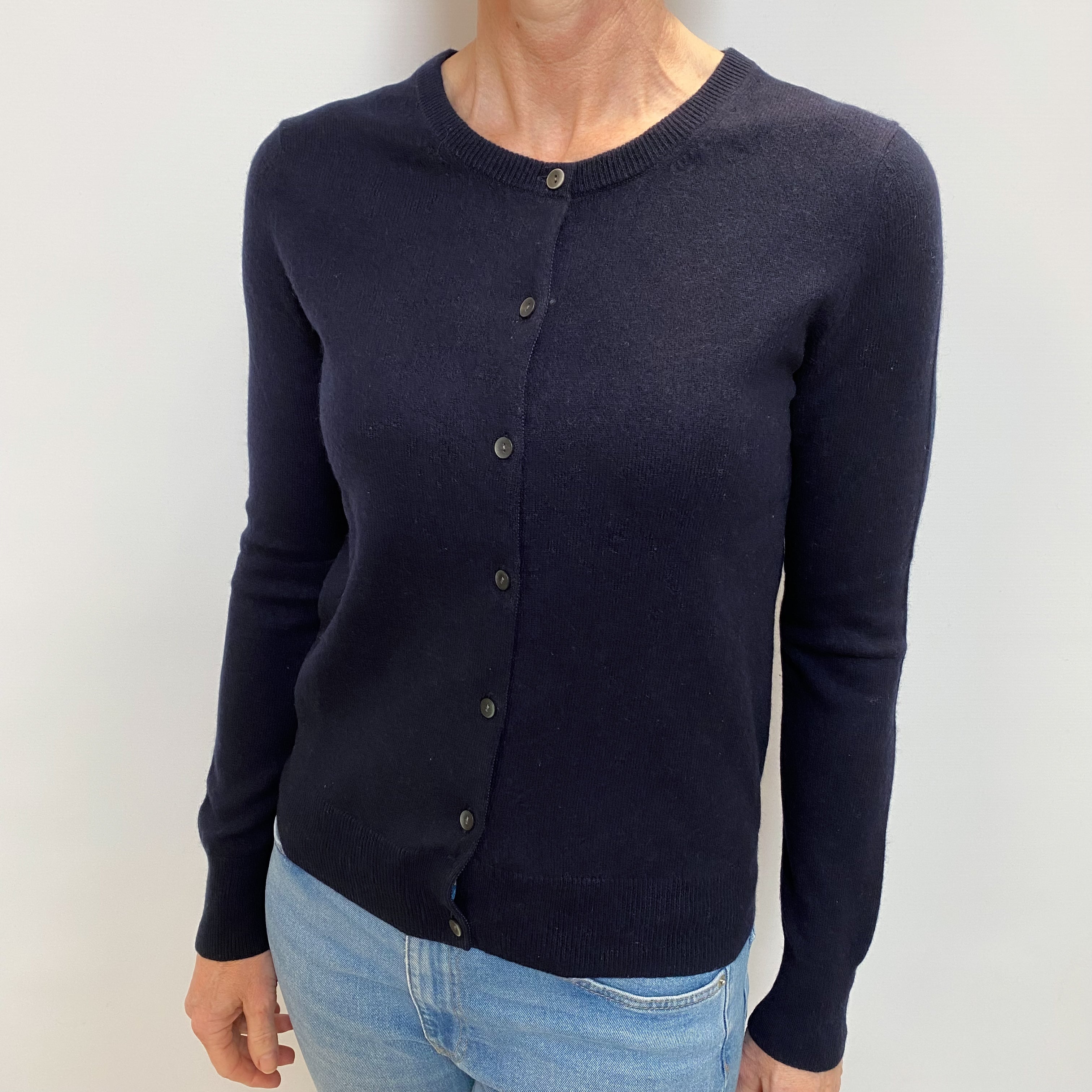 Navy Blue Cashmere Crew Neck Cardigan Small