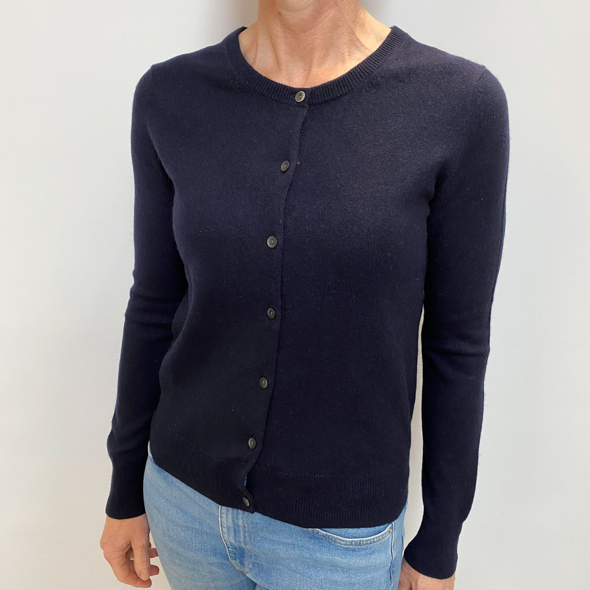 Navy Blue Cashmere Crew Neck Cardigan Small