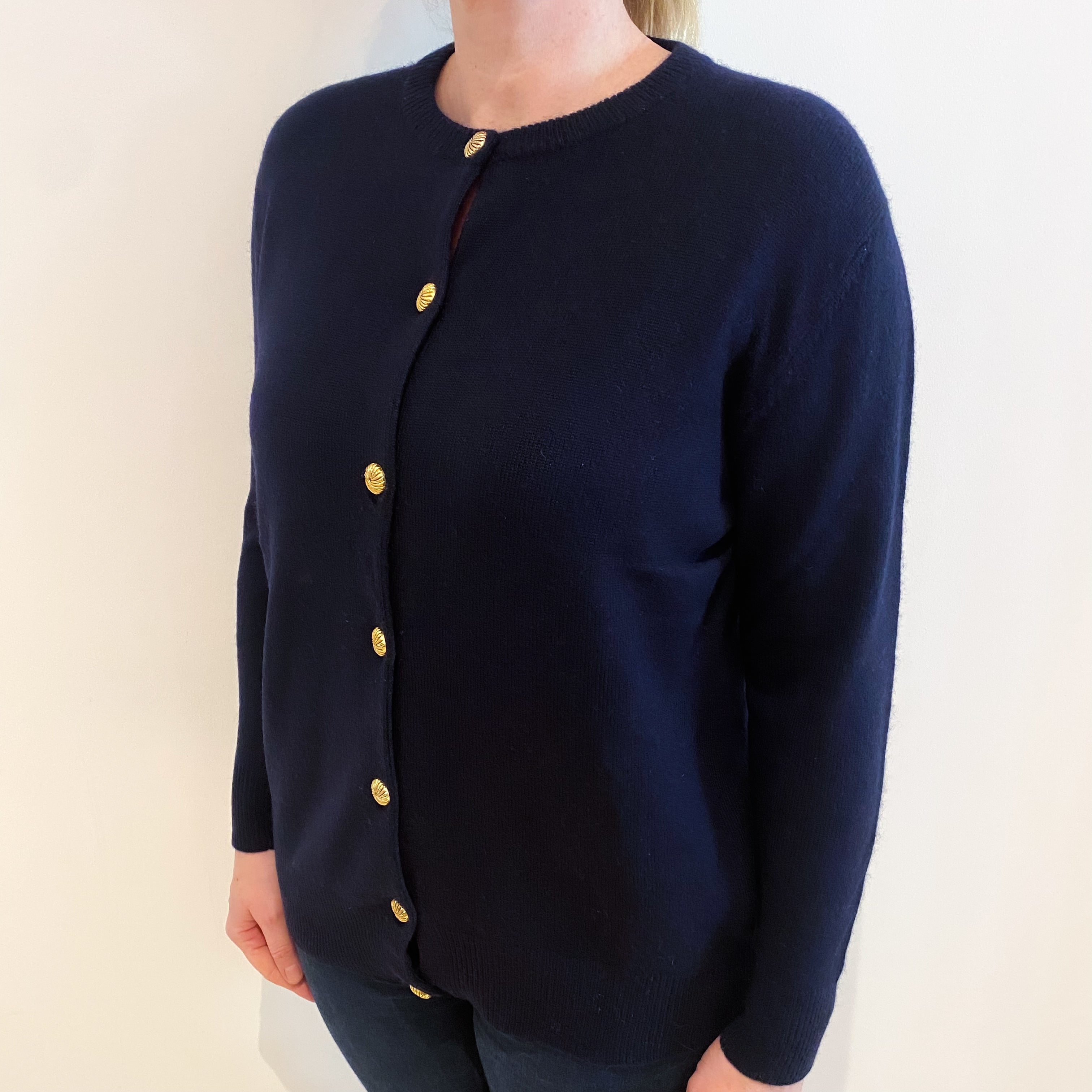 Navy Blue Cashmere Crew Neck Cardigan Large