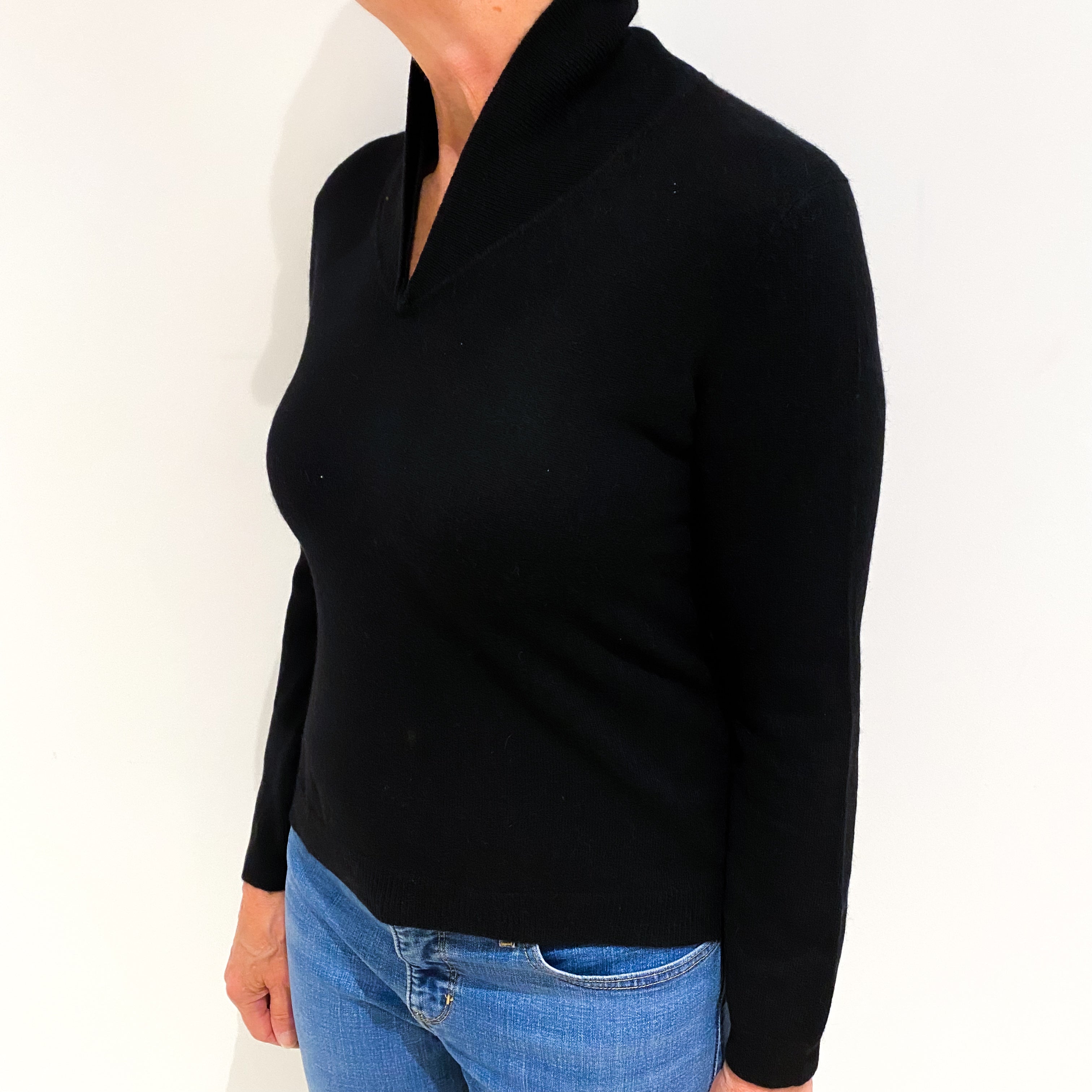 Black Cashmere Collared V Neck Jumper Medium
