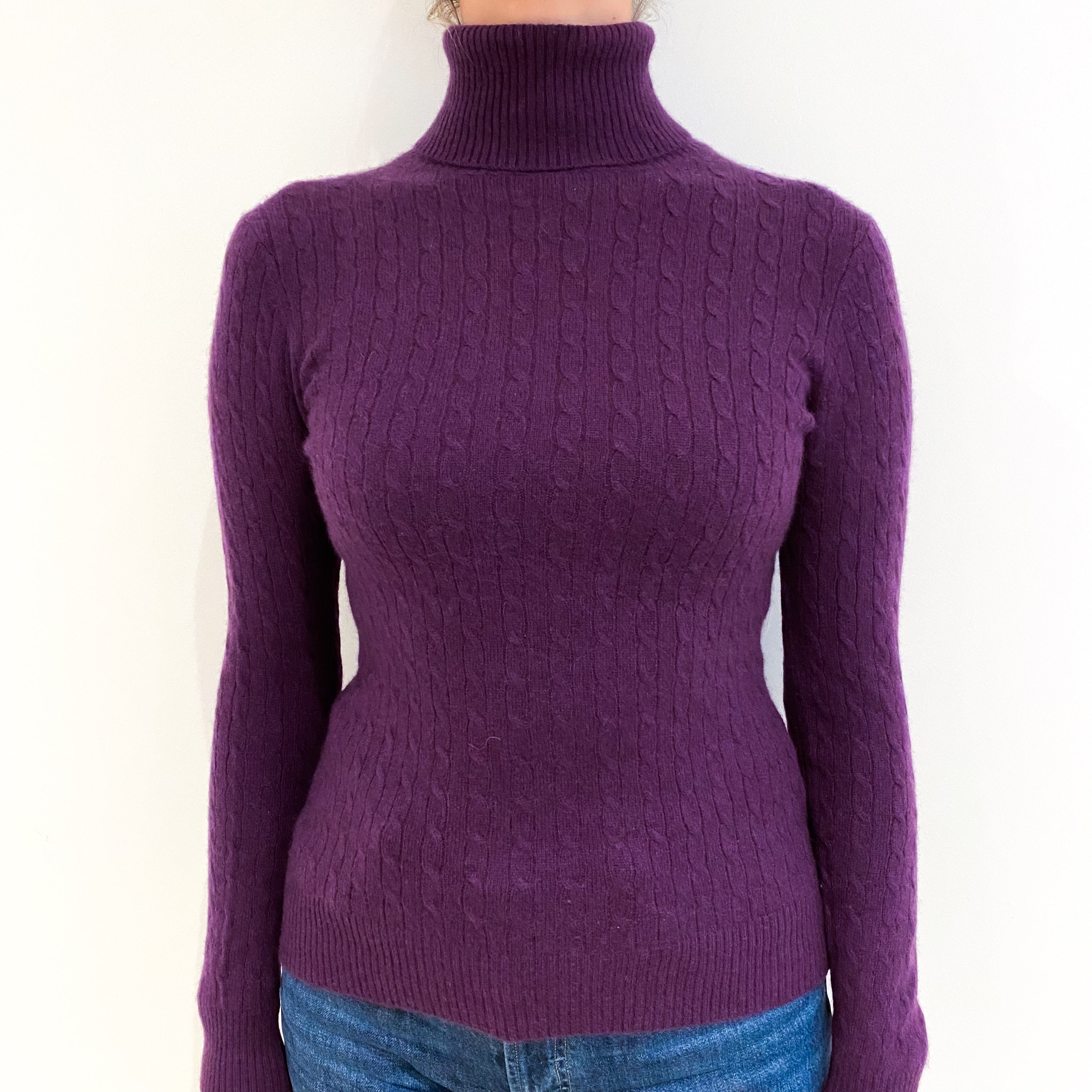 Plum Purple Cable Cashmere Polo Neck Jumper Small