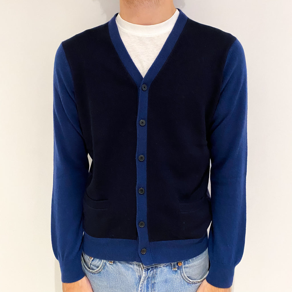 Men's Blue Colour Block Cashmere V Neck Cardigan Medium
