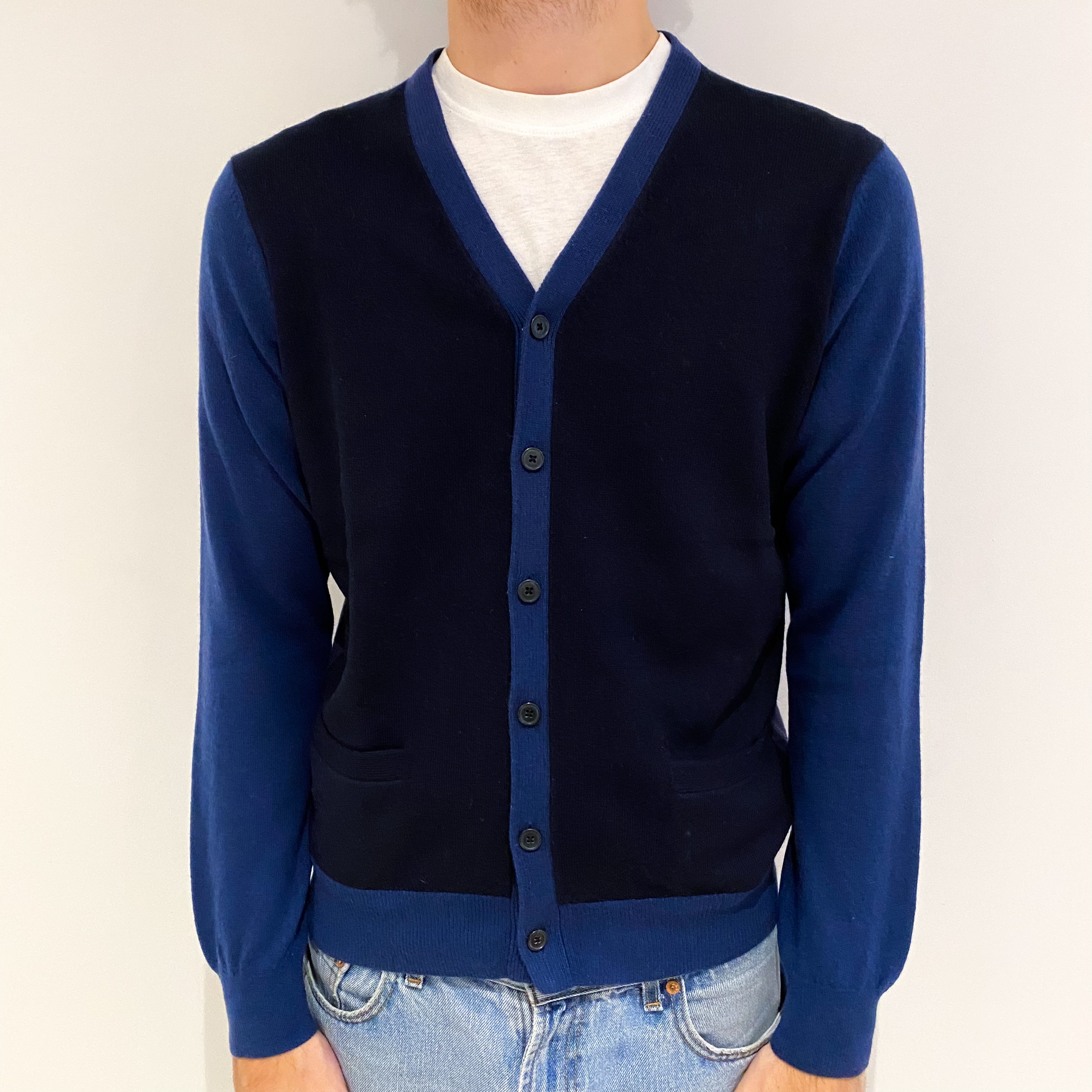 Men's Blue Colour Block Cashmere V Neck Cardigan Medium