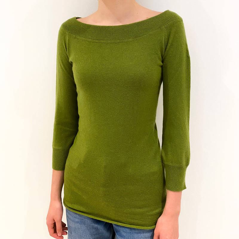 Moss Green 3/4 Sleeve Cashmere Crew Neck Jumper Extra Small
