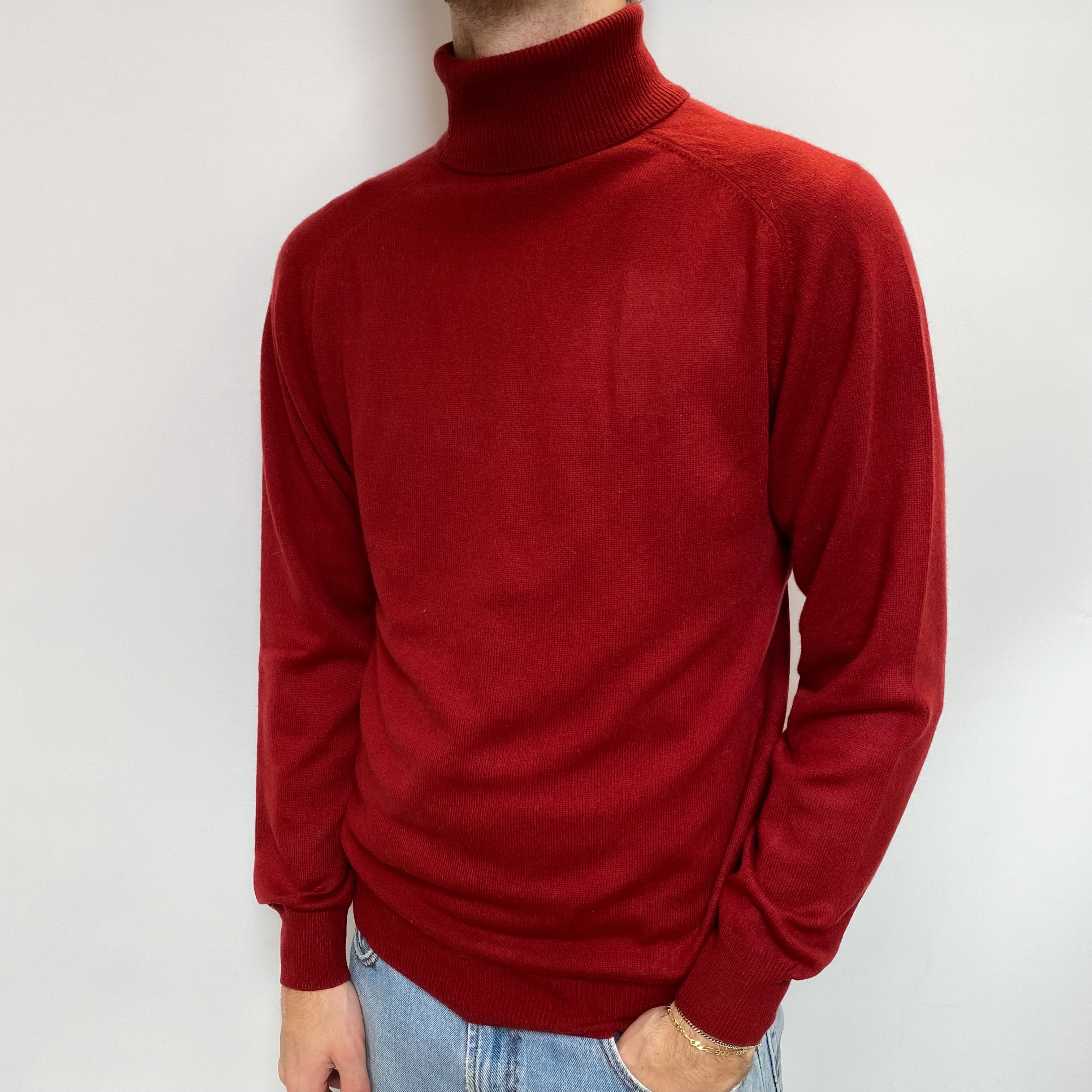 Men's Rust Orange Cashmere Polo Neck Jumper Large