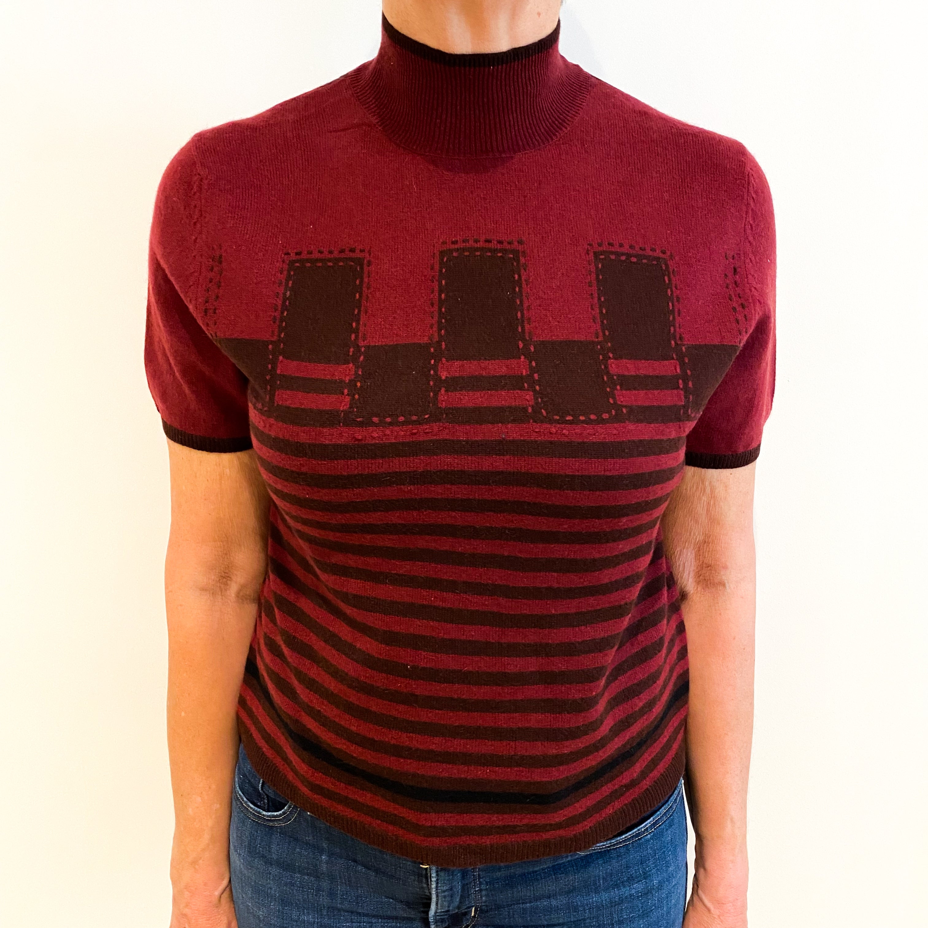 Maroon And Chocolate Patterned Cashmere Turtle Neck Short Sleeved Jumper Medium