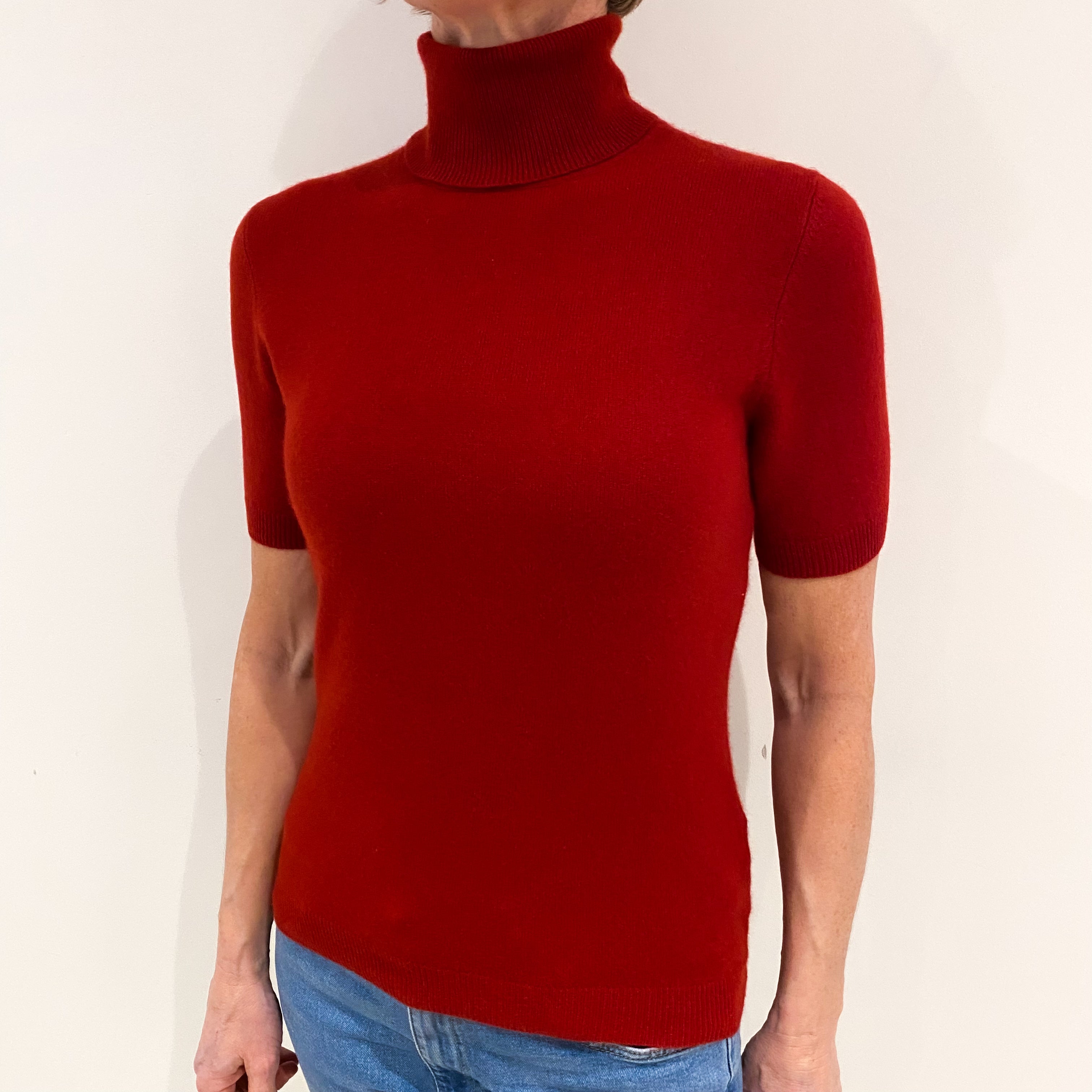 Crimson Red Cashmere Short Sleeved Polo Neck Jumper Small
