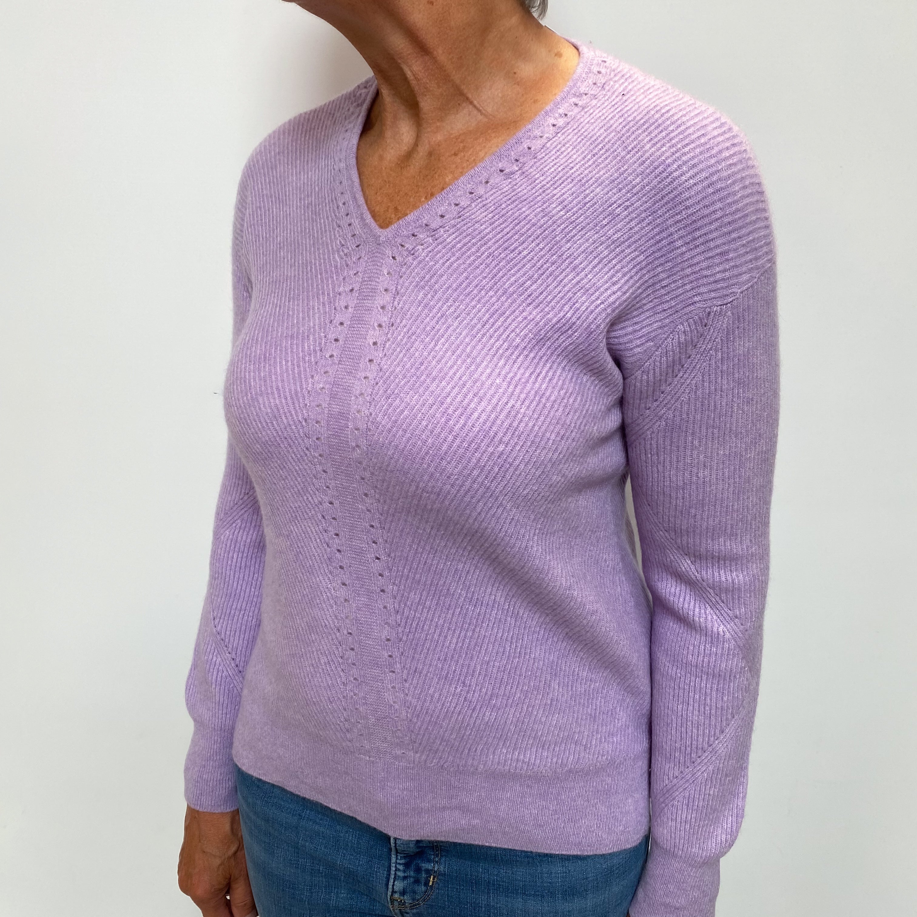 Lavender Purple Cashmere Textured V Neck Jumper Medium