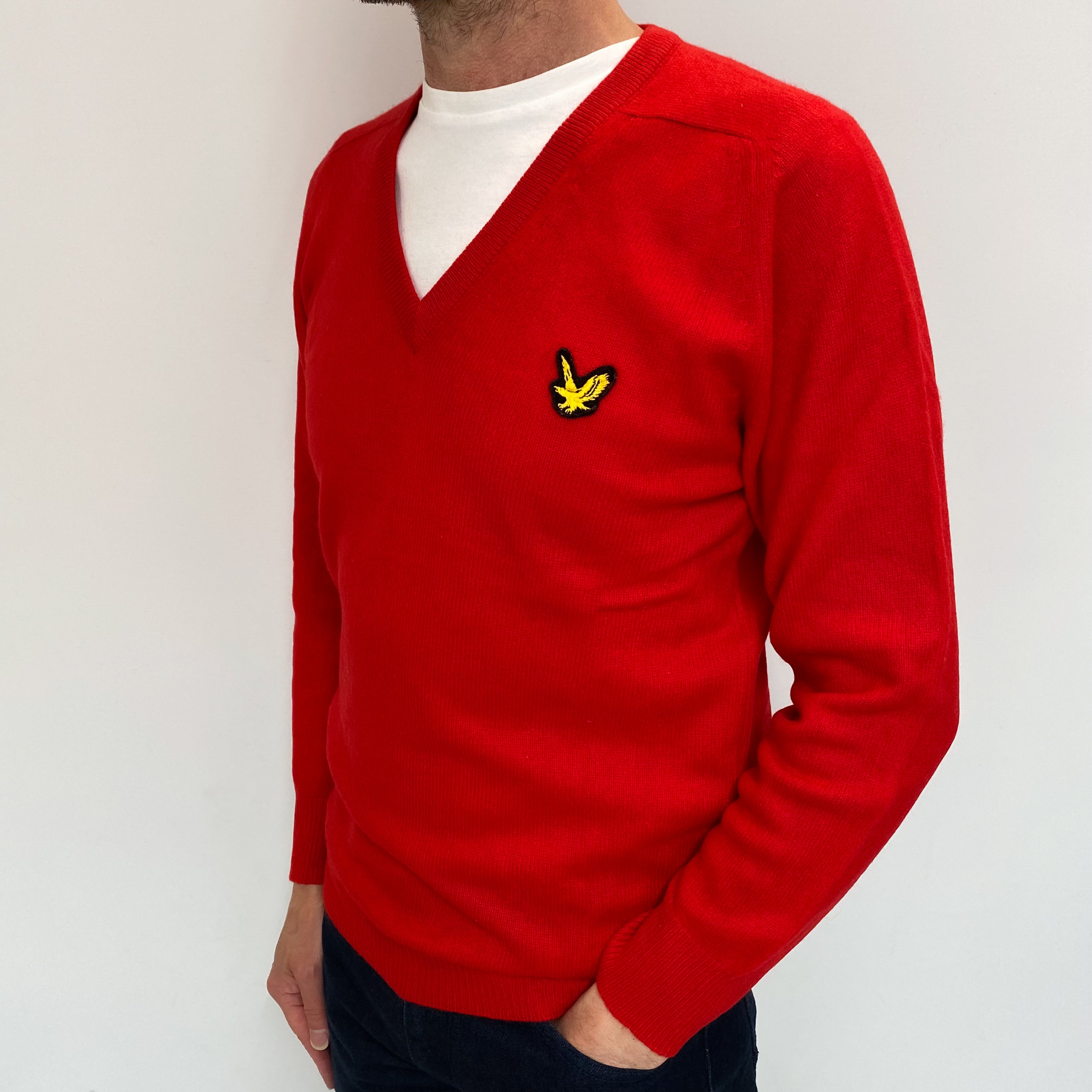 Men's Vintage Scottish Lyle & Scott RedCashmere V Neck Jumper Small