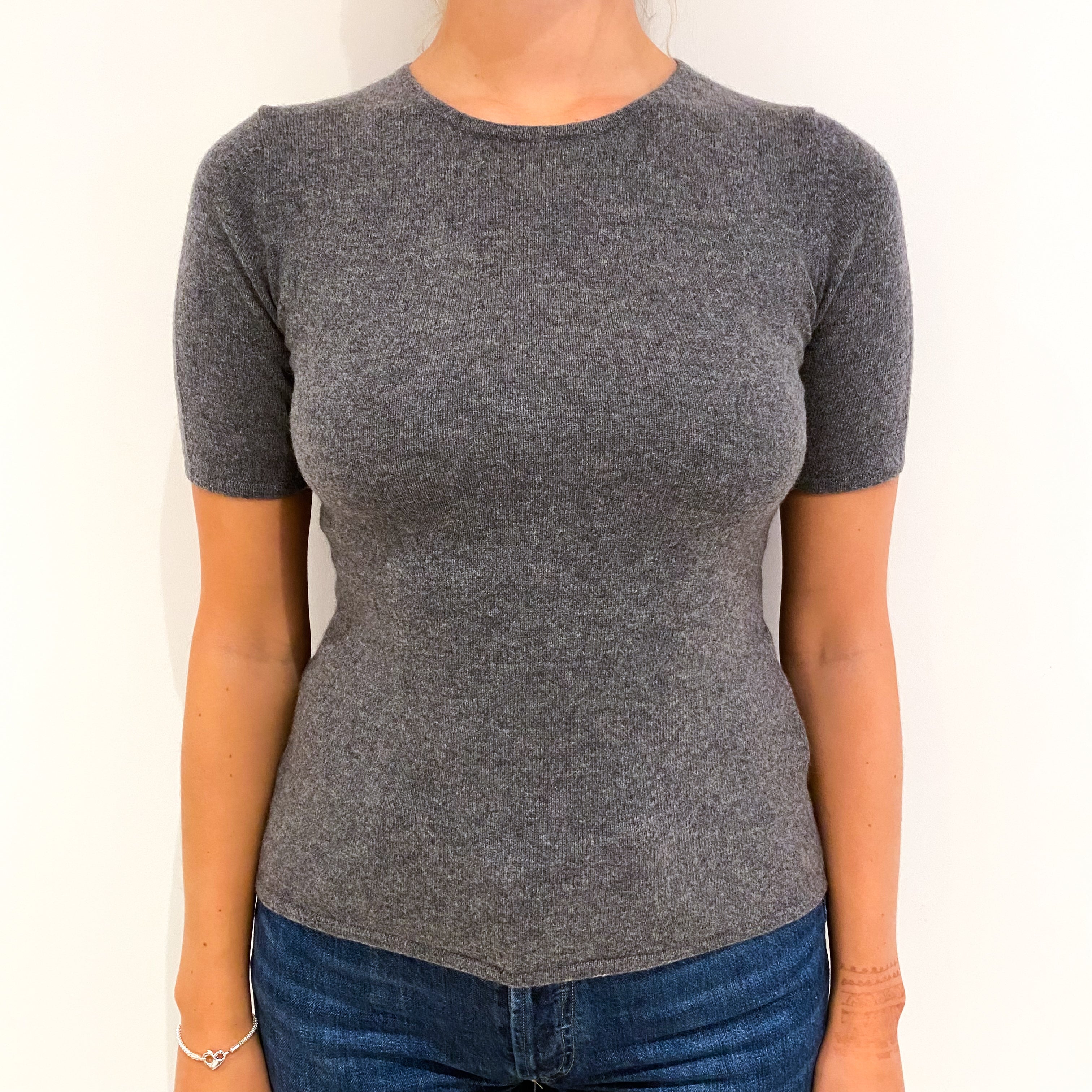 Ash Grey Short Sleeved Cashmere Crew Neck Jumper Small