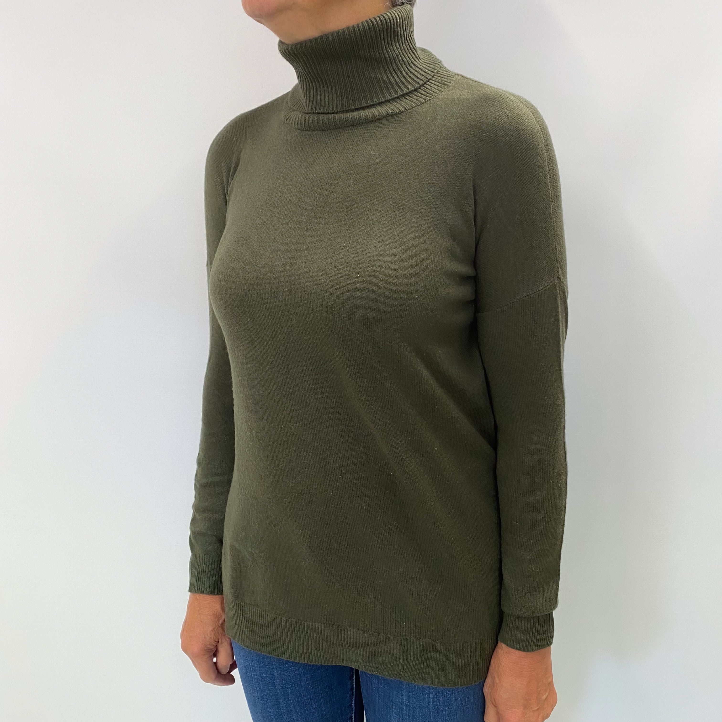 Army Green Cashmere Polo Neck Jumper Medium