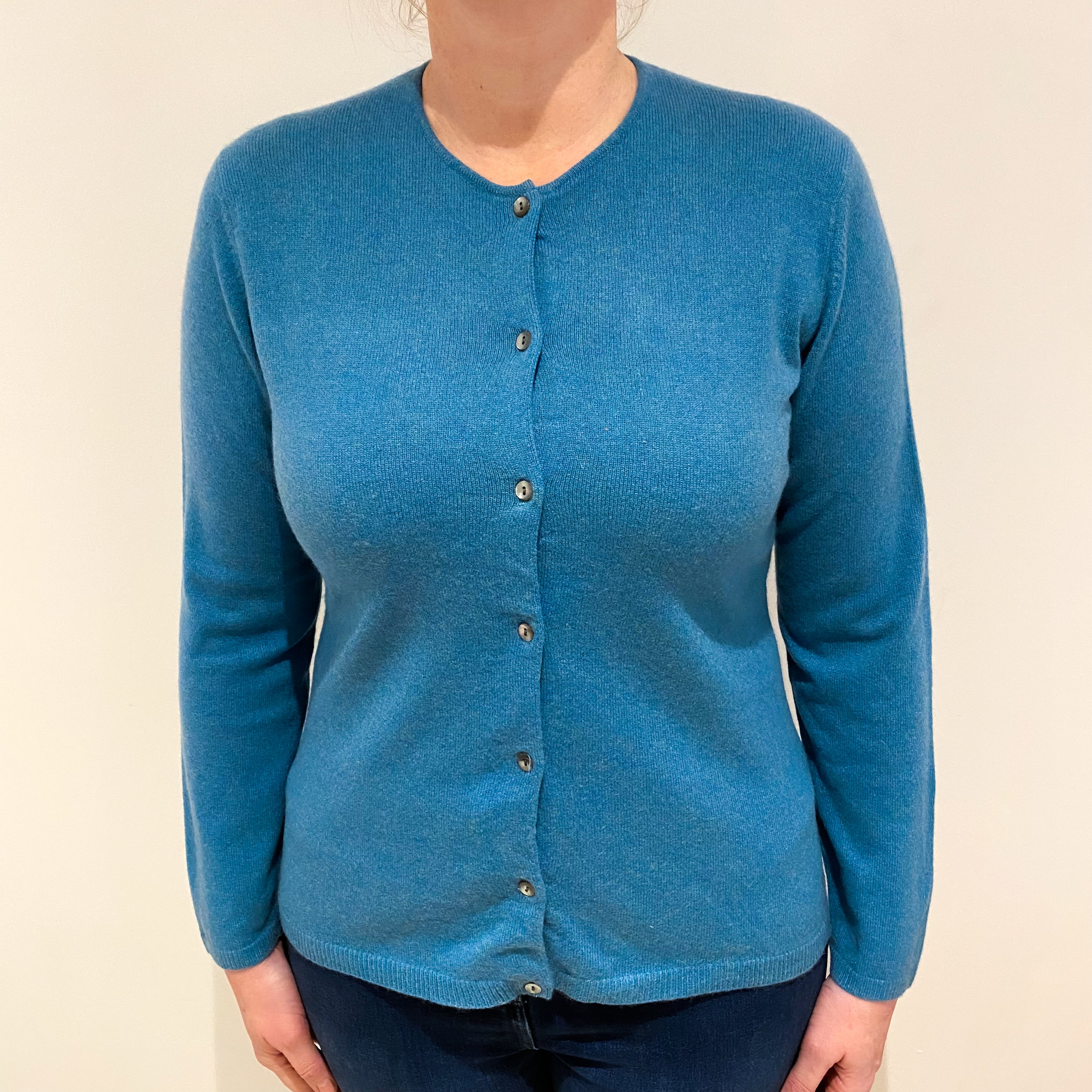 Aqua Blue Cashmere Crew Neck Cardigan Large