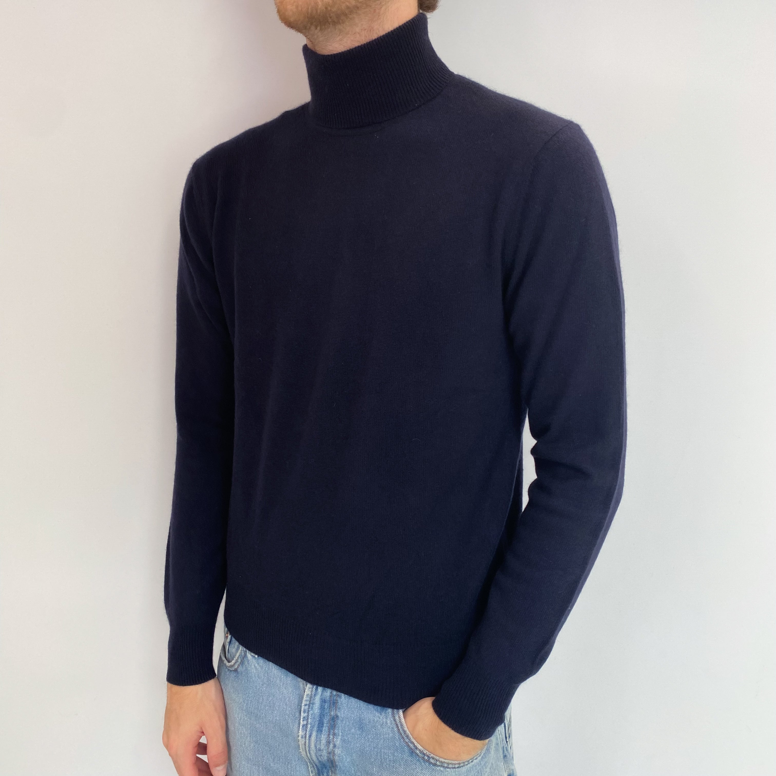 Men's Navy Cashmere Polo Neck Jumper Medium