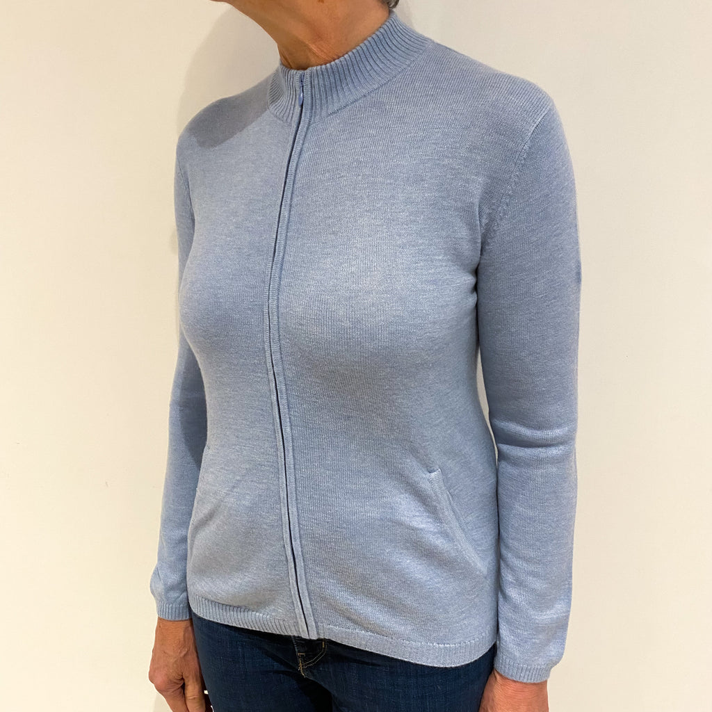 Pale Blue Cashmere Zip Up Cardigan with Pockets Medium