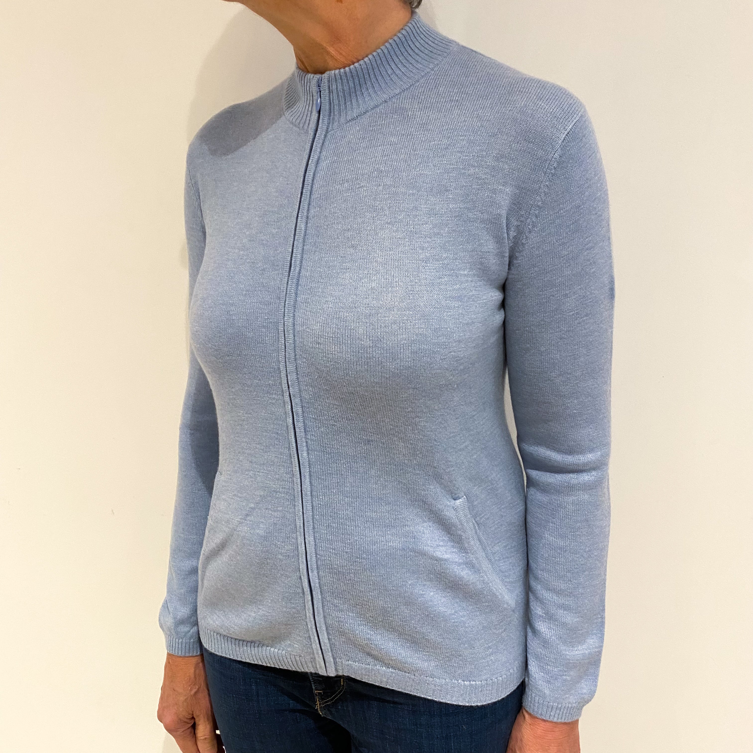 Pale Blue Cashmere Zip Up Cardigan with Pockets Medium