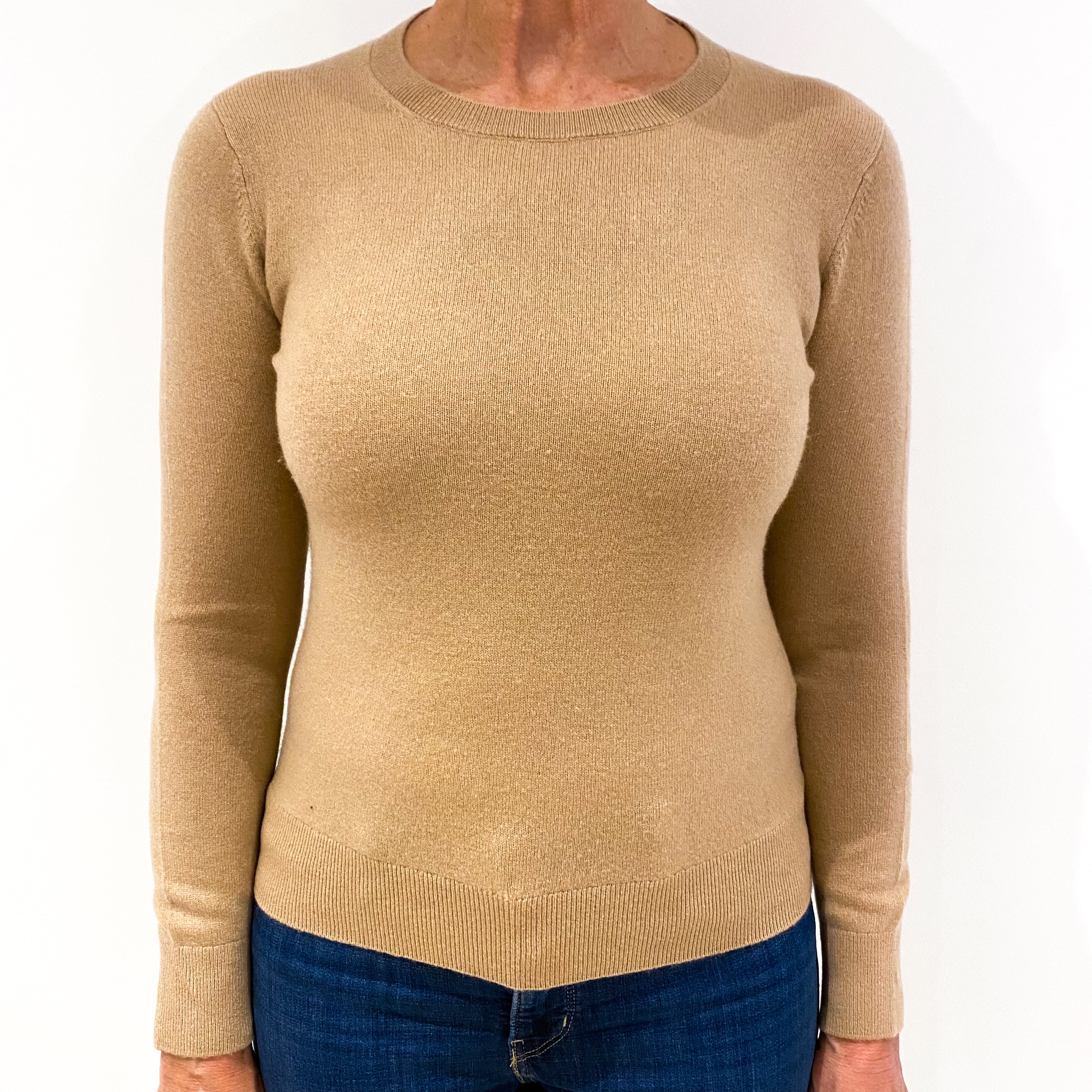 Camel Brown Cashmere Crew Neck Jumper Medium
