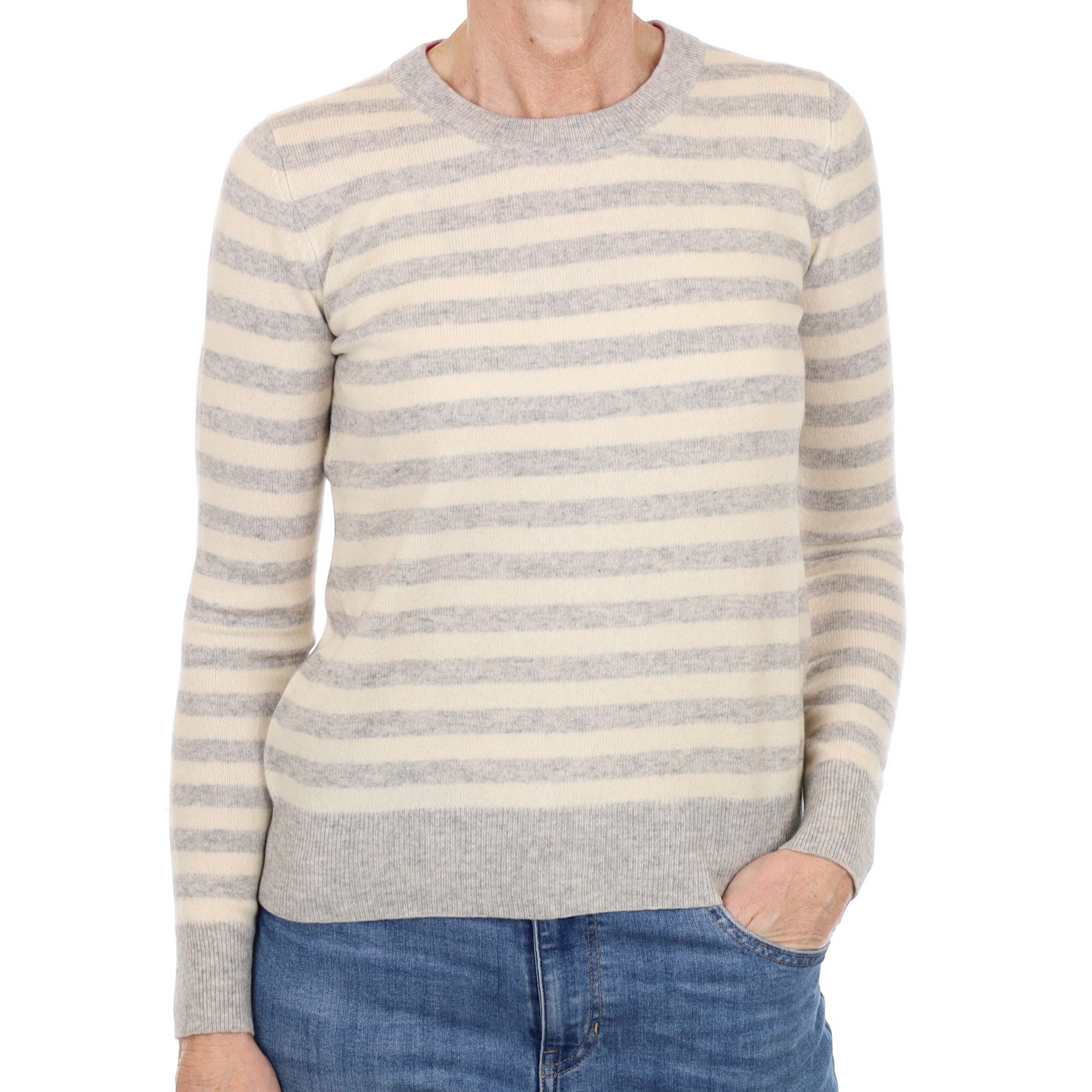 Smoke Grey Striped Cashmere Crew Neck Jumper Small