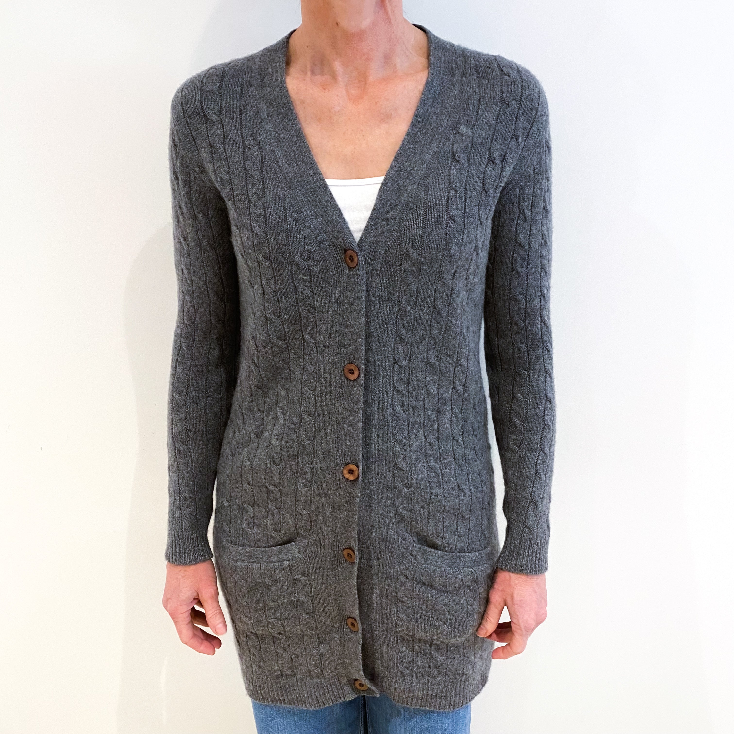 Ash Grey Cable Knot Cashmere V Neck Longline Cardigan With Pockets Small