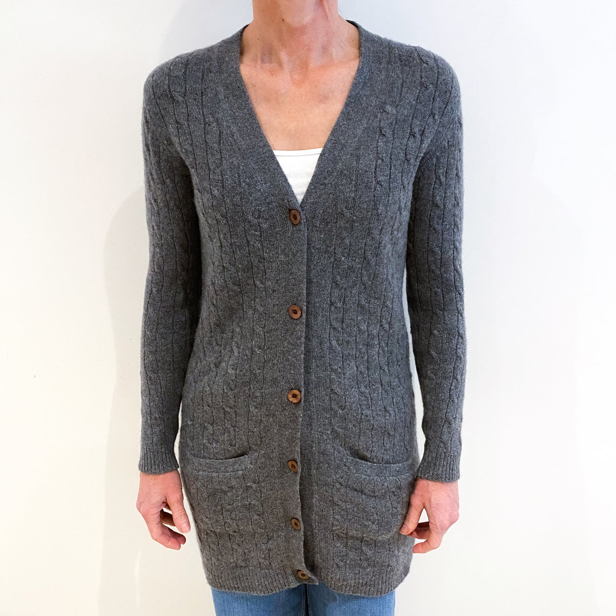Ash Grey Cable Knot Cashmere V Neck Longline Cardigan With Pockets Small