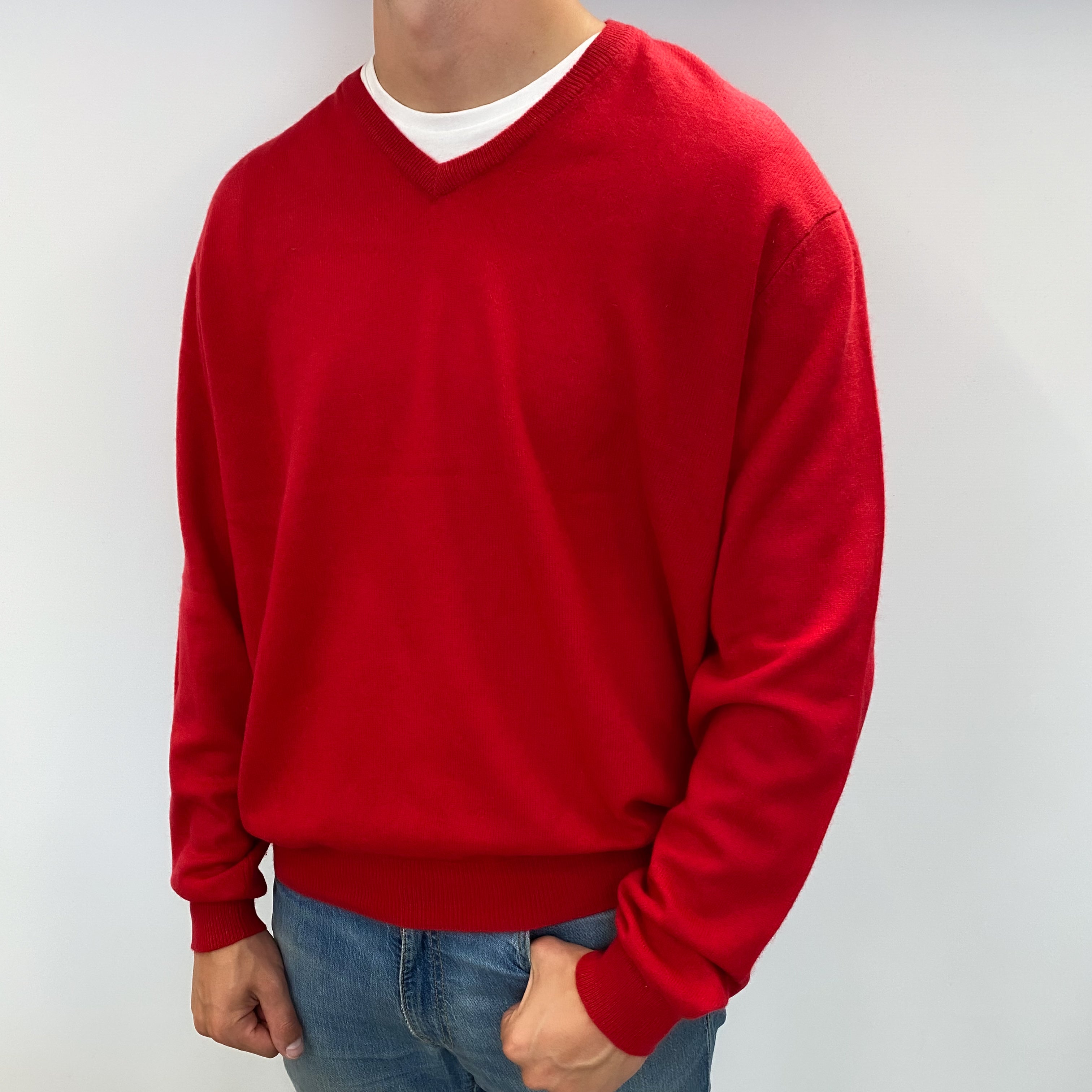 Men's Post Box Red Cashmere V Neck Jumper XXL