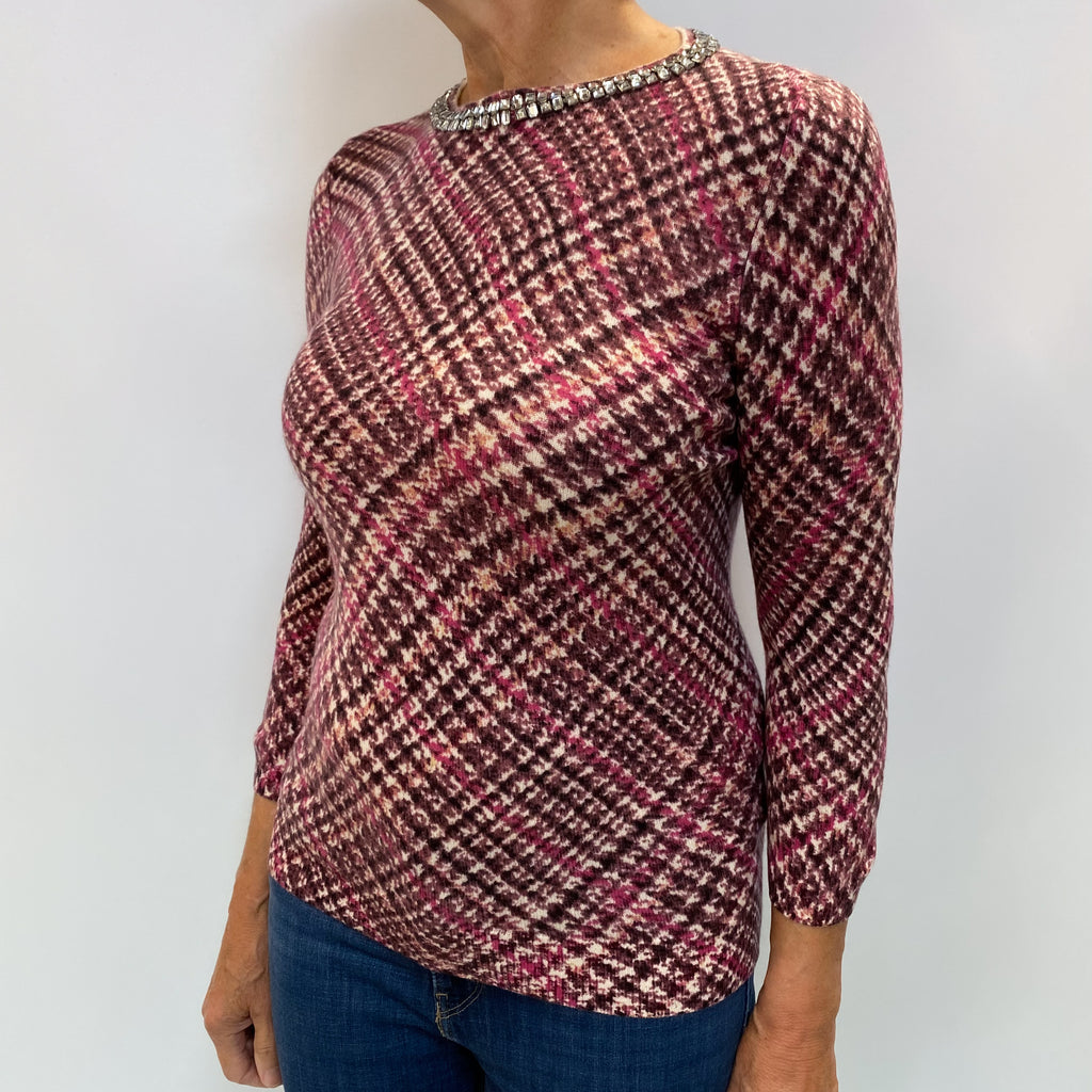 Burgundy, Cream and Cranberry Check Style Cashmere Crew Neck Jumper Medium