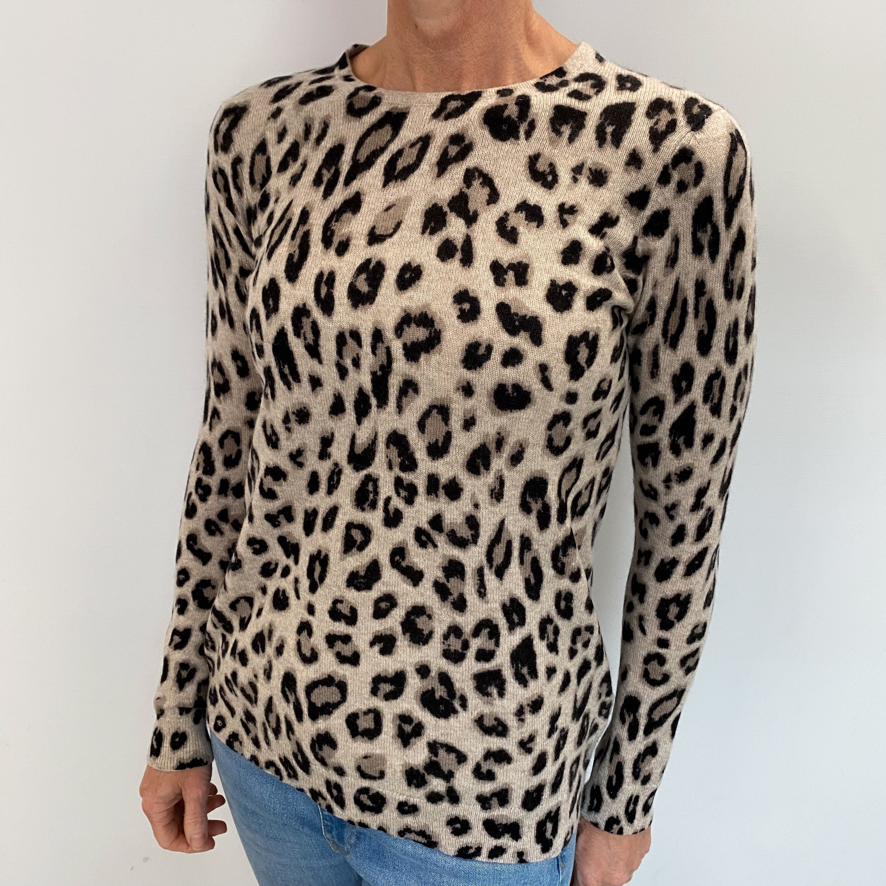 Cream Animal Print Cashmere Crew Neck Jumper Small